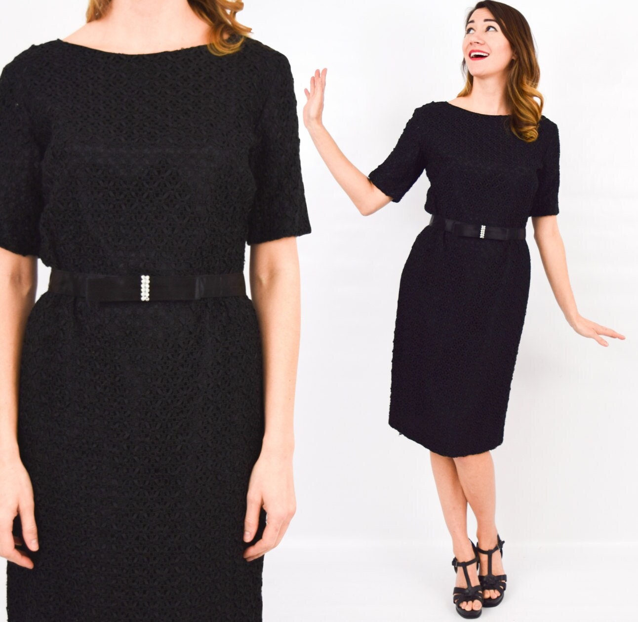1950s Black Ribbon Lace Dress, Crochet Look, Medium
