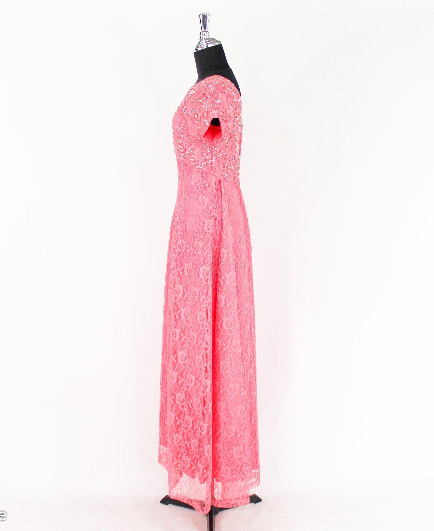 1950s Pink Lace & Sequin Formal Evening Dress, Medium