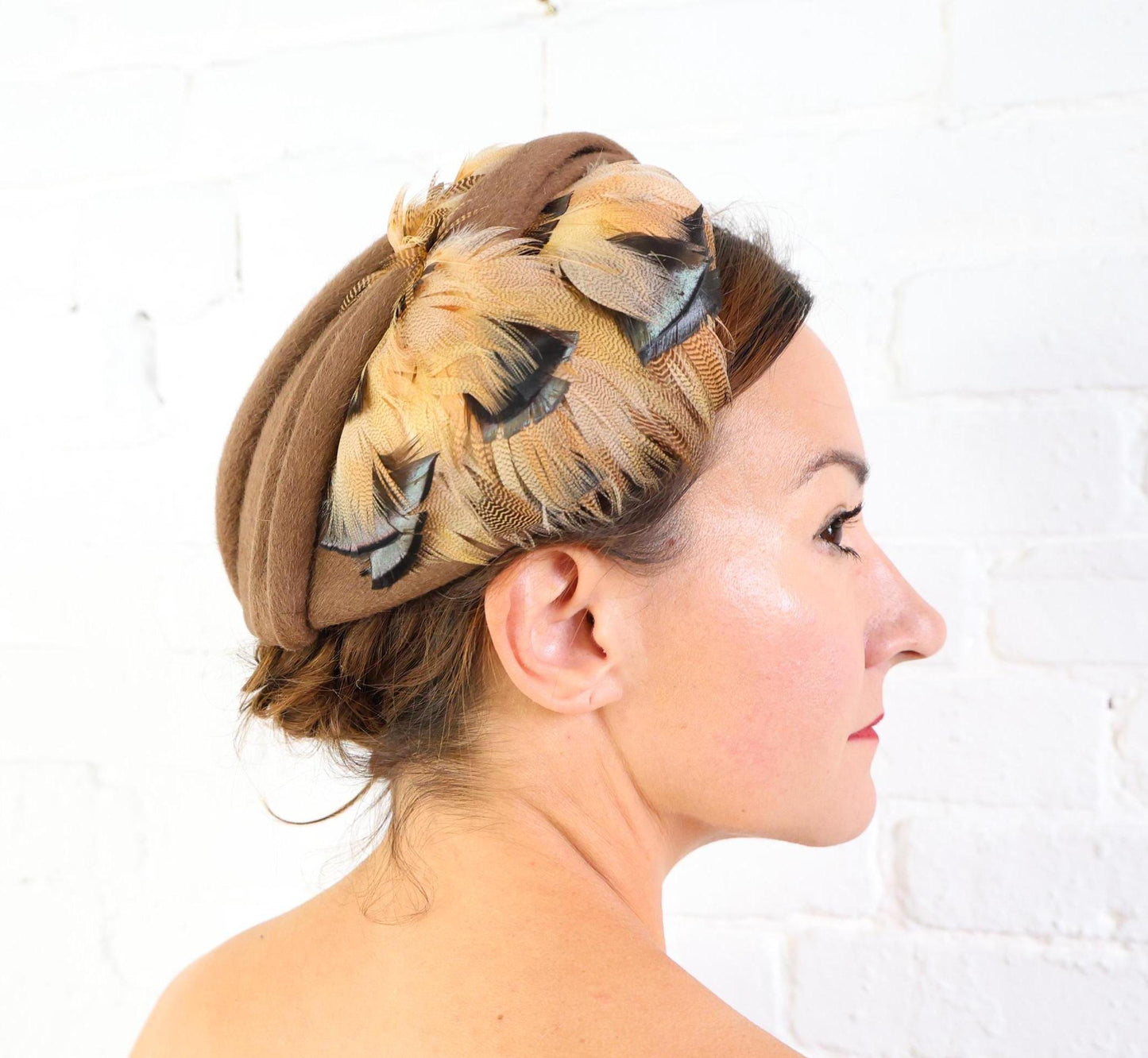1950s Brown Feather & Wool Beret, Helen Joyce Original Hat