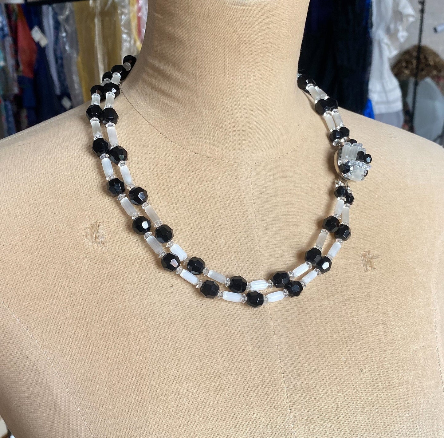 1960s Black & White Crystal Necklace Set | Black White Crystal Necklace Earrings