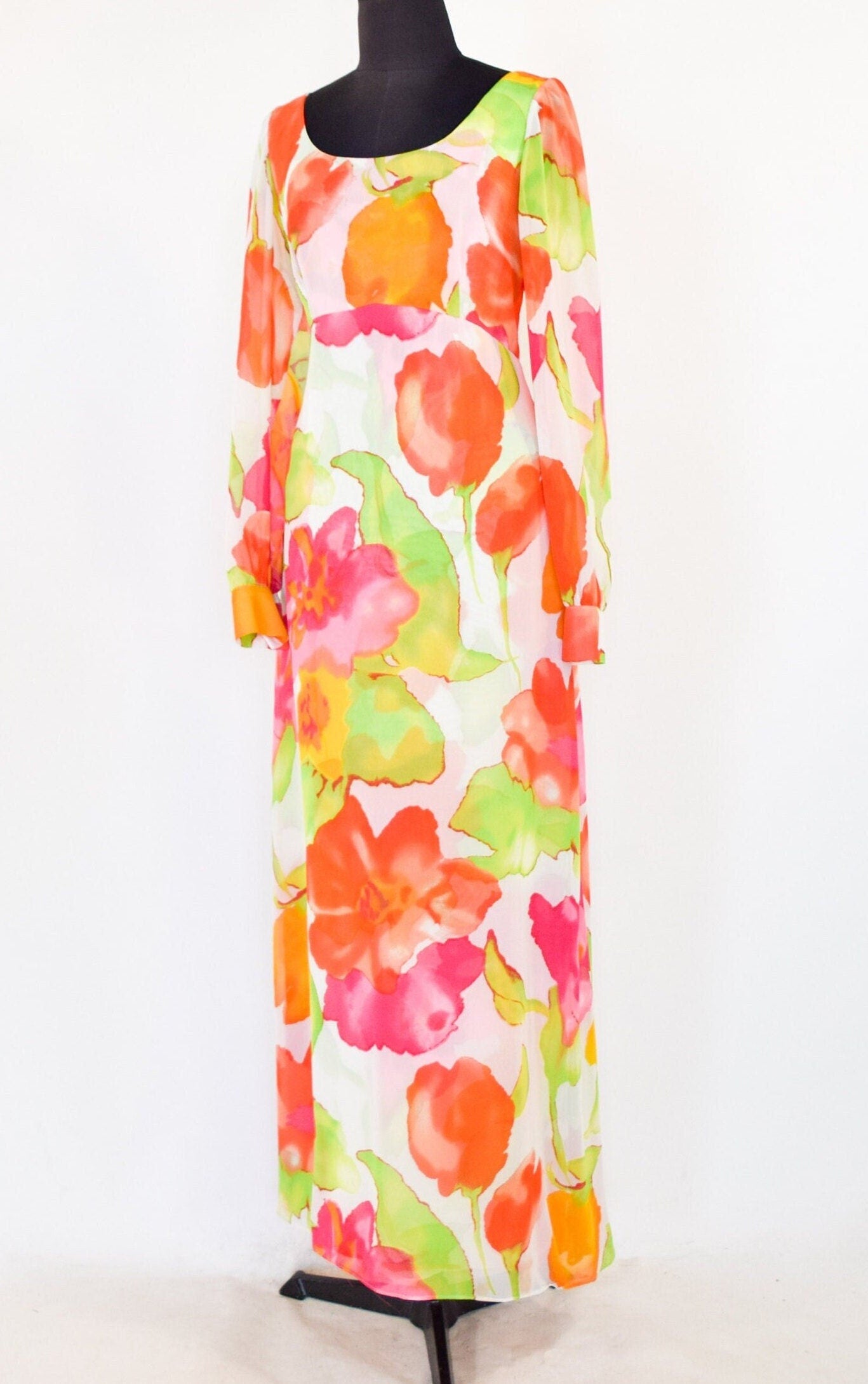1980s Orange Floral Evening Gown | 80s Orange Print Maxi Dress | Anthony Vask | Medium
