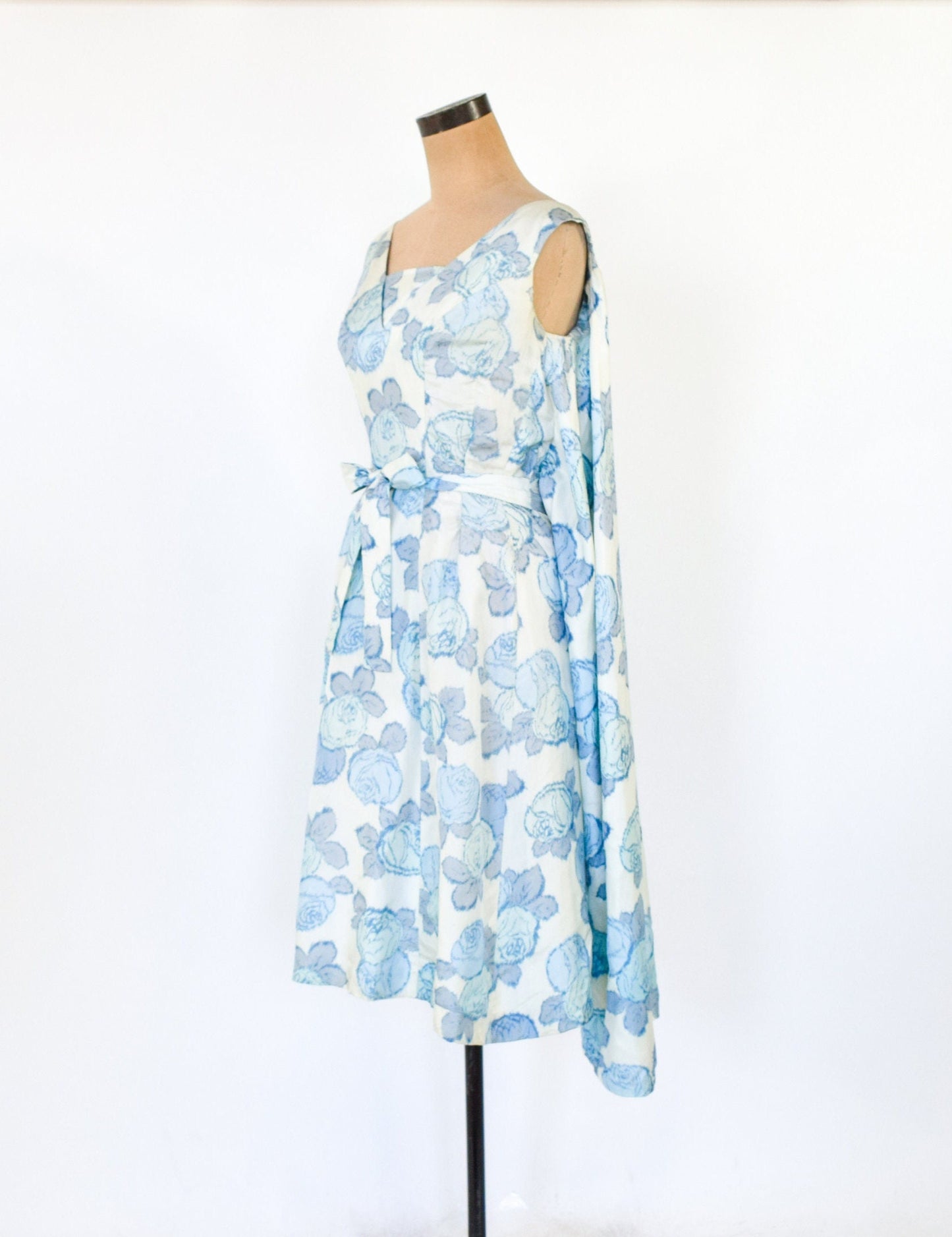 1950s Blue Rose Print Silk Dress with Full Cape Back, XS Extra Small