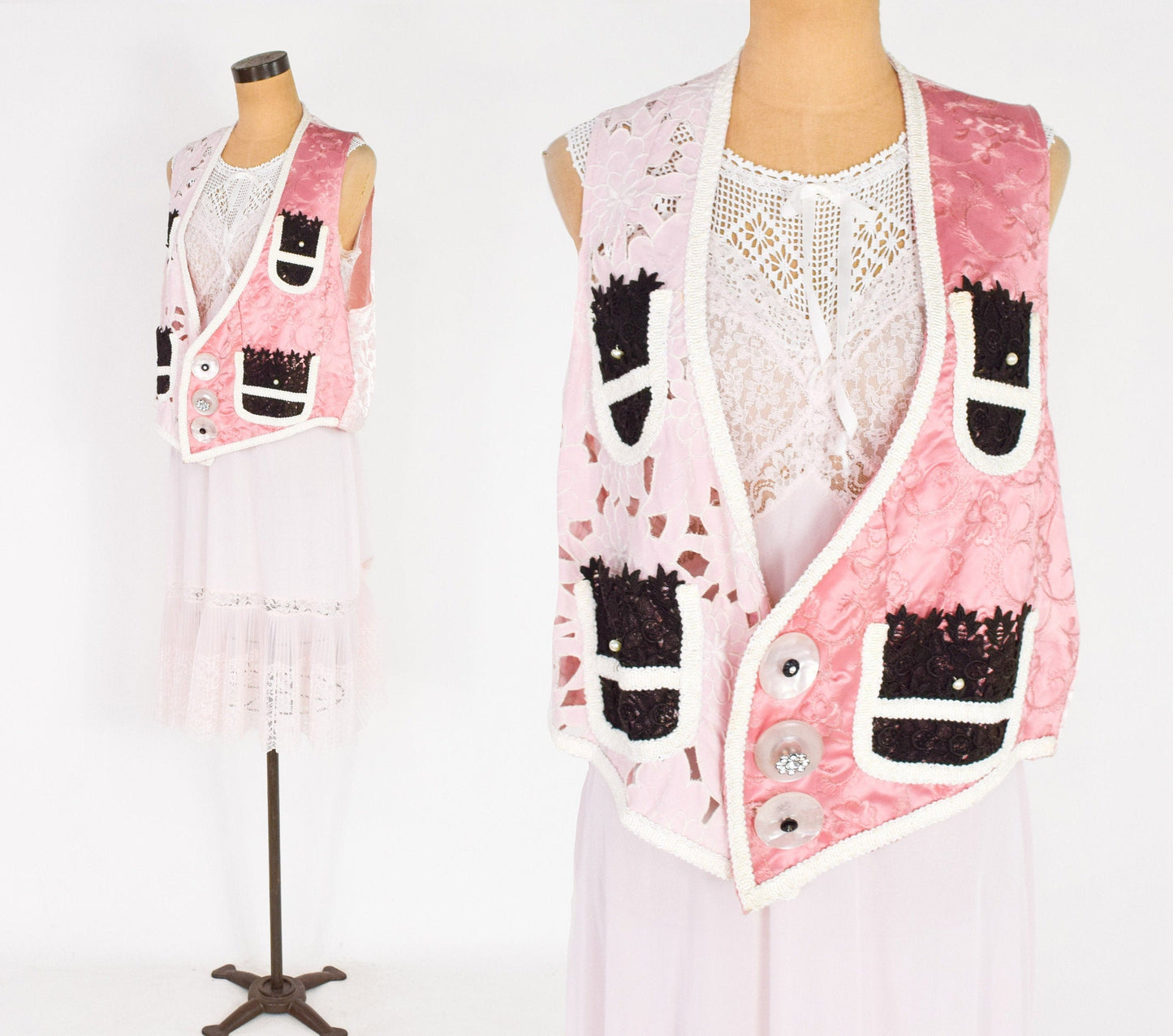 1990s White Crochet Top Dress and 1990s Pink Vintage Fabric Vest