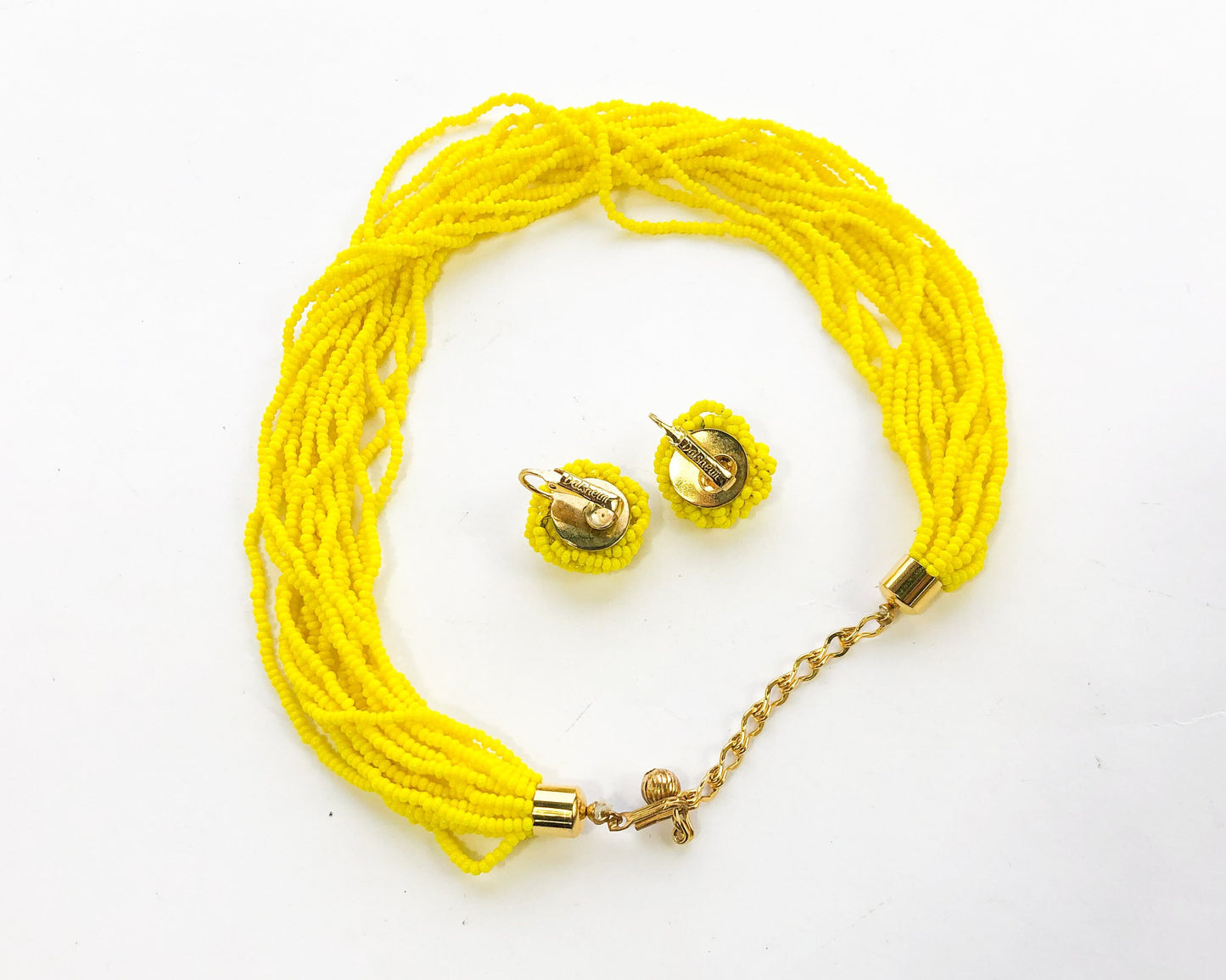 1960s Yellow Beaded Necklace & Clip Earrings Jewelry Set