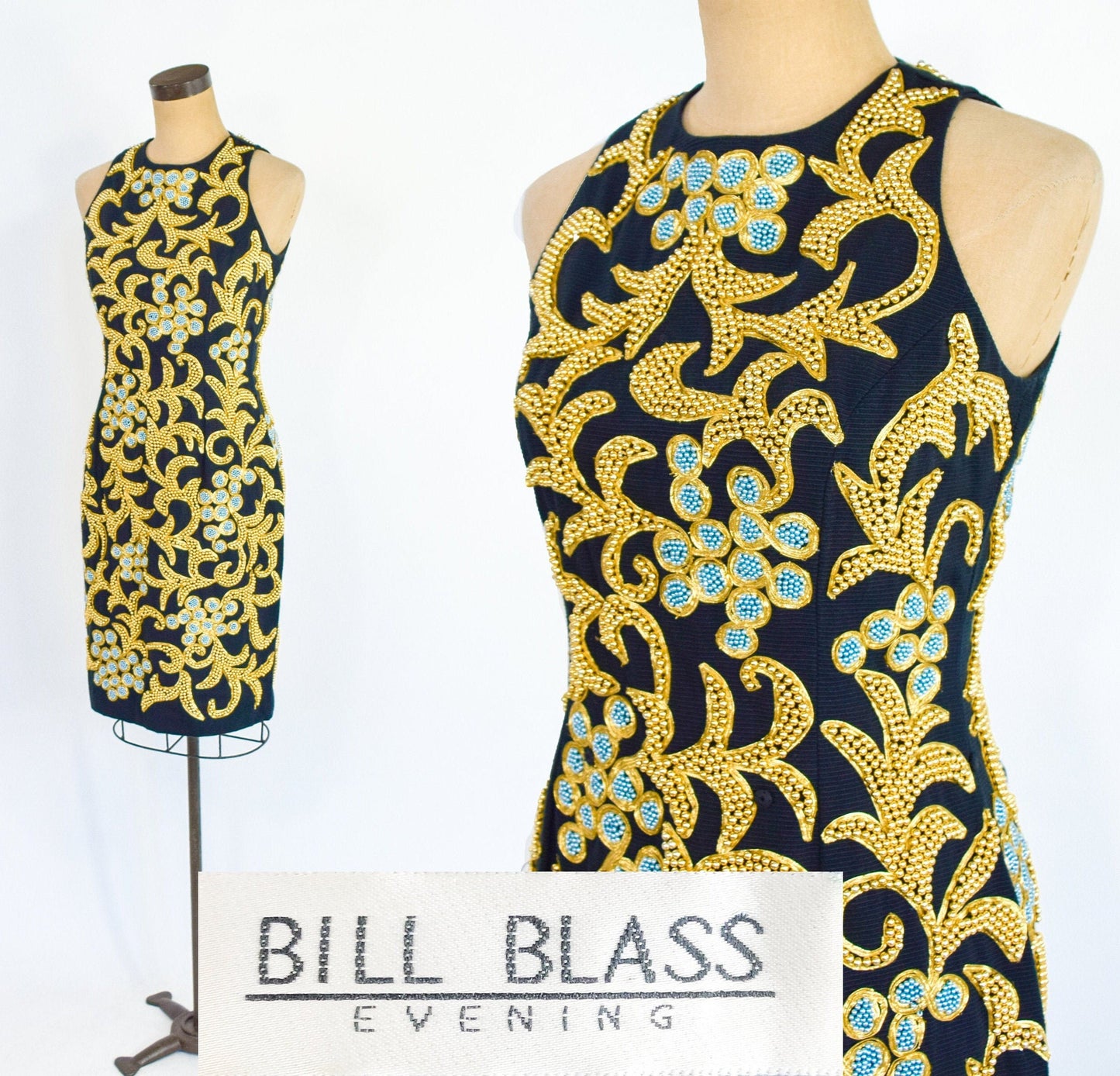 Bill Blass | 1980s Black & Gold Beaded Cocktail Dress | 80s Gold Beaded Black Sheath Dress | Bill Blass | Small