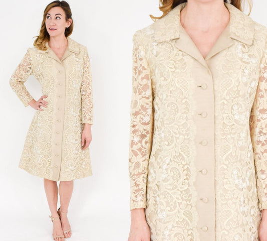 1960s Beige Lace & Silk Shantung Wedding Dress & Coat Set, Medium