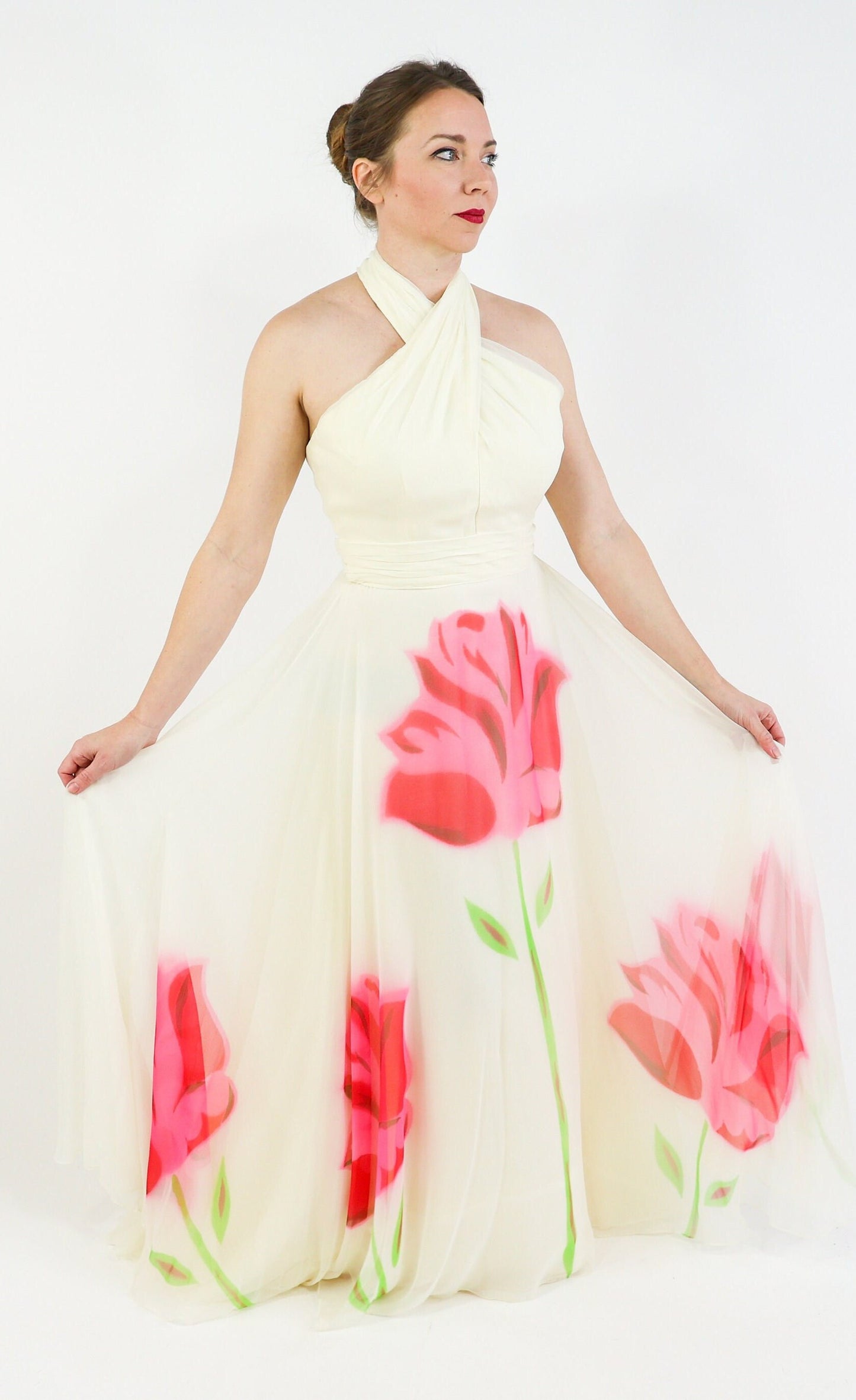 1950s Creme & Pink Silk Floral Evening Dress, Small