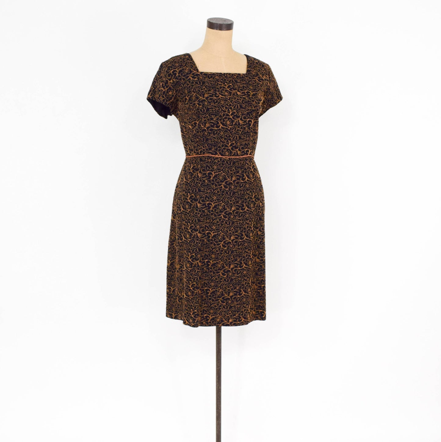 1940s Black & Brown Embroidered Cotton Dress, Large