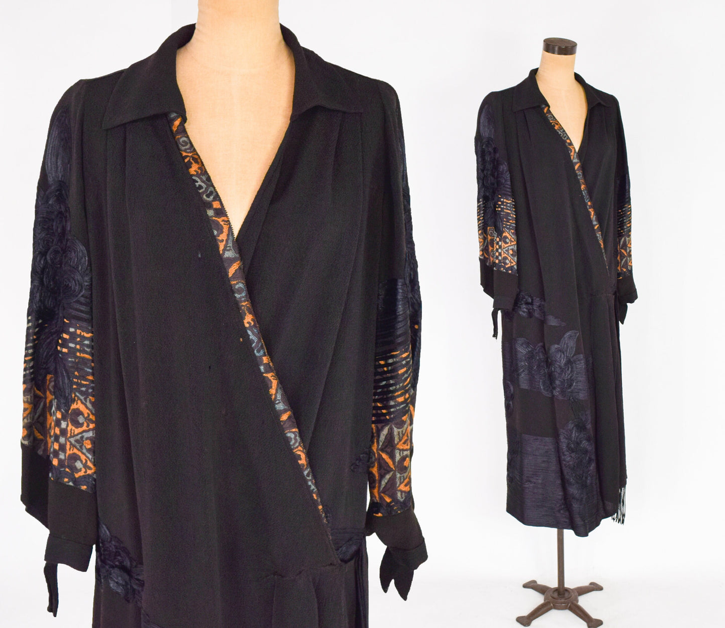 1900s Black Embroidered Crepe Wrap Dress, Downton Abbey Style, Large