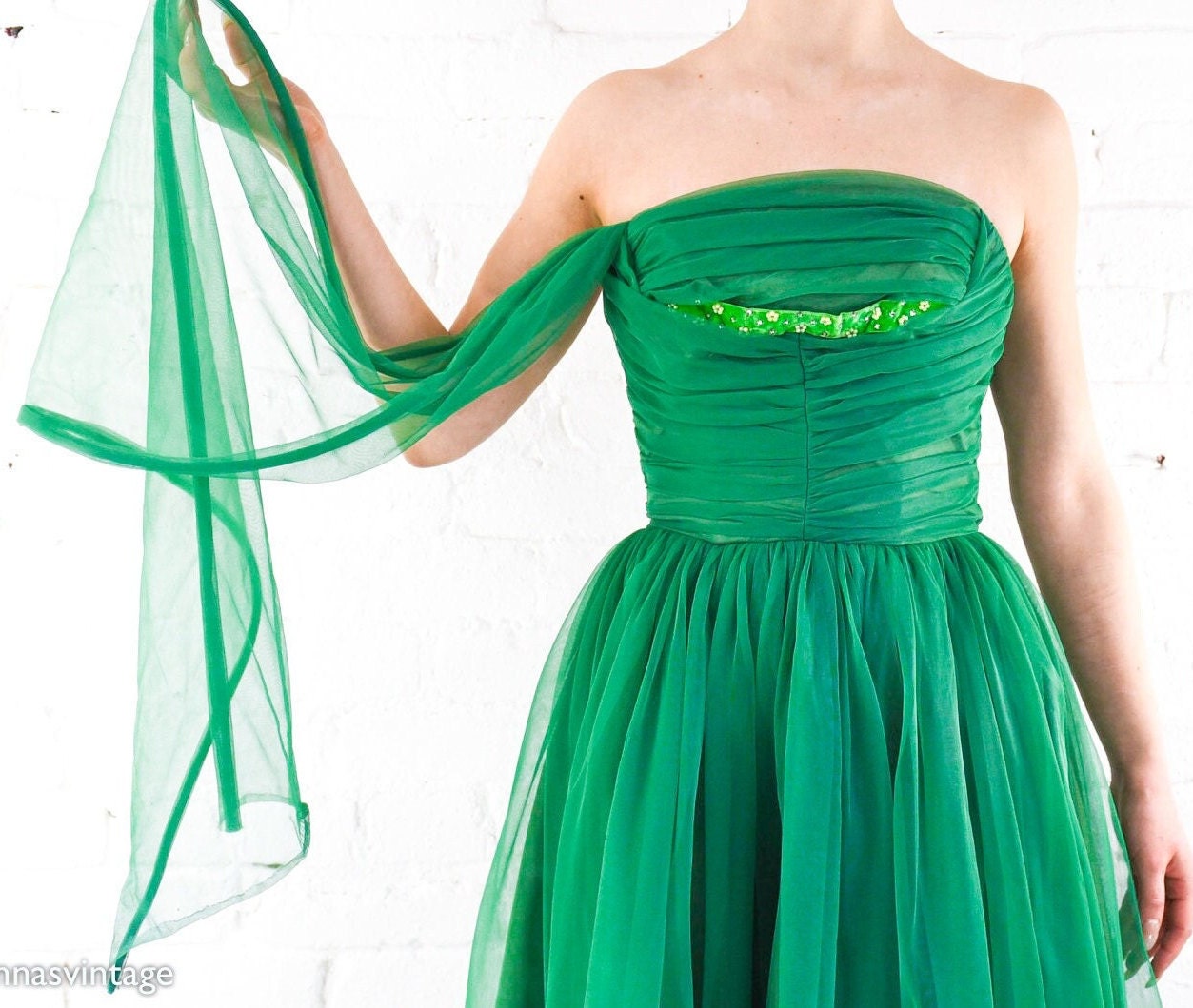 1950s Emerald Green Evening Dress, Extra Small