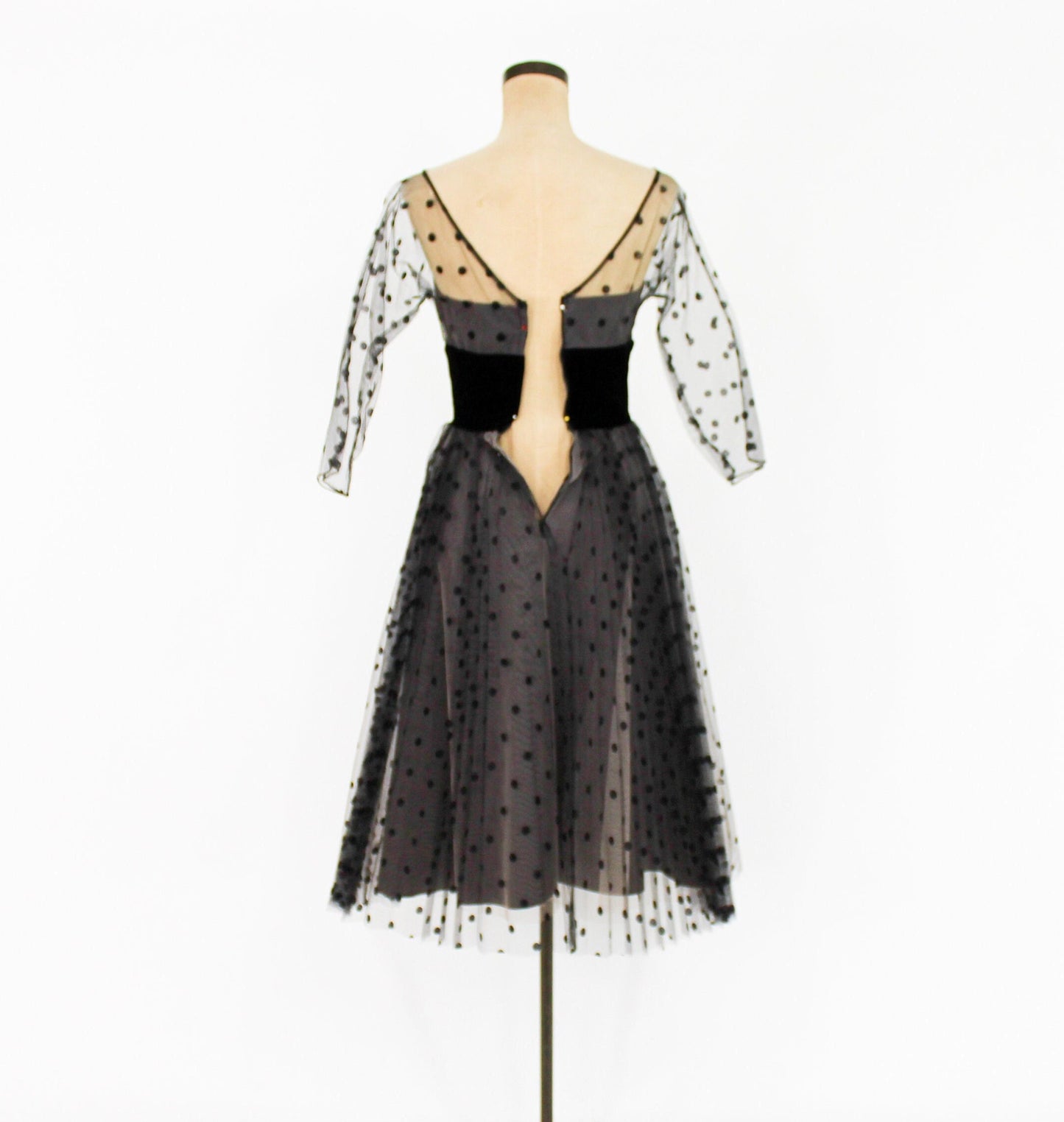 1950s Black Polka Dot Tulle Party Dress, Extra Small