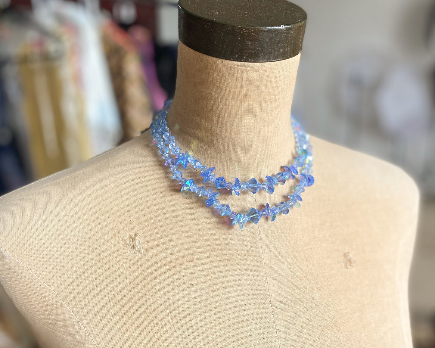 1950s Blue Crystal Necklace Set | 50s Blue Glass Bead Necklace & Clip Earrings