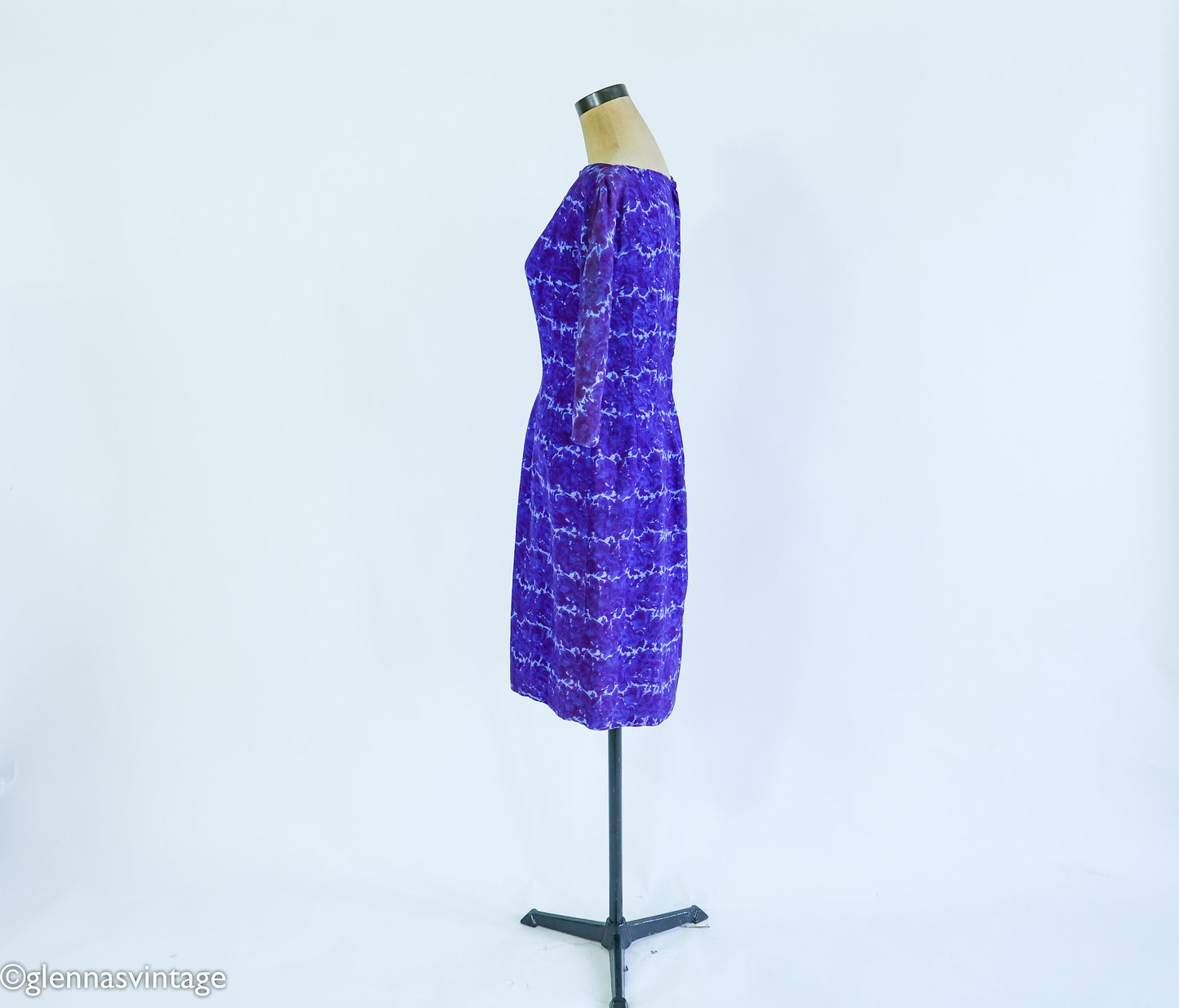1950s Purple & Blue Print Wiggle Dress, Small