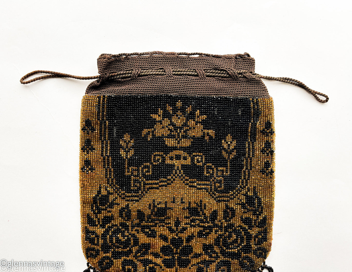 1900 Colorful Floral Beaded Purse | Brown & Black Beaded Bag