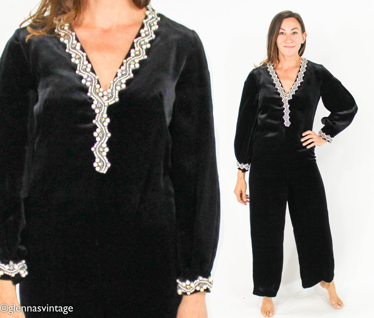 1970s Vintage Black Velvet Jumpsuit with Beaded Trim, Small