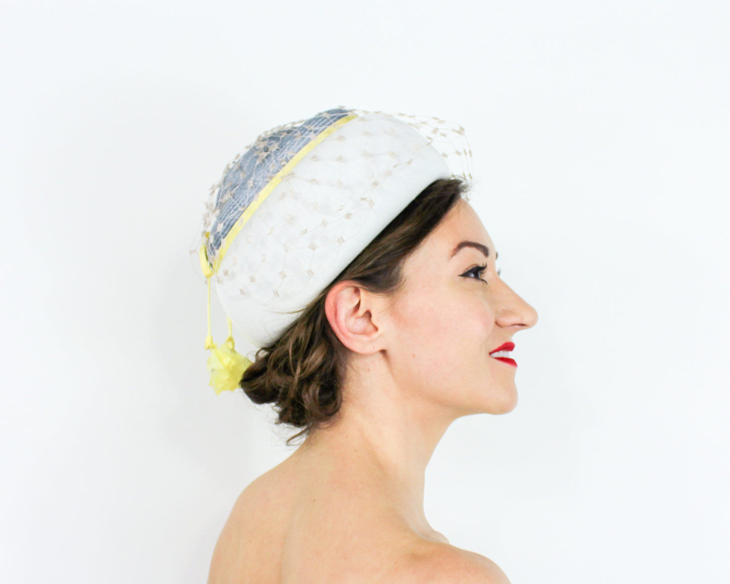 1960s White Yellow & Gray Pillbox Hat, Coralie Hat