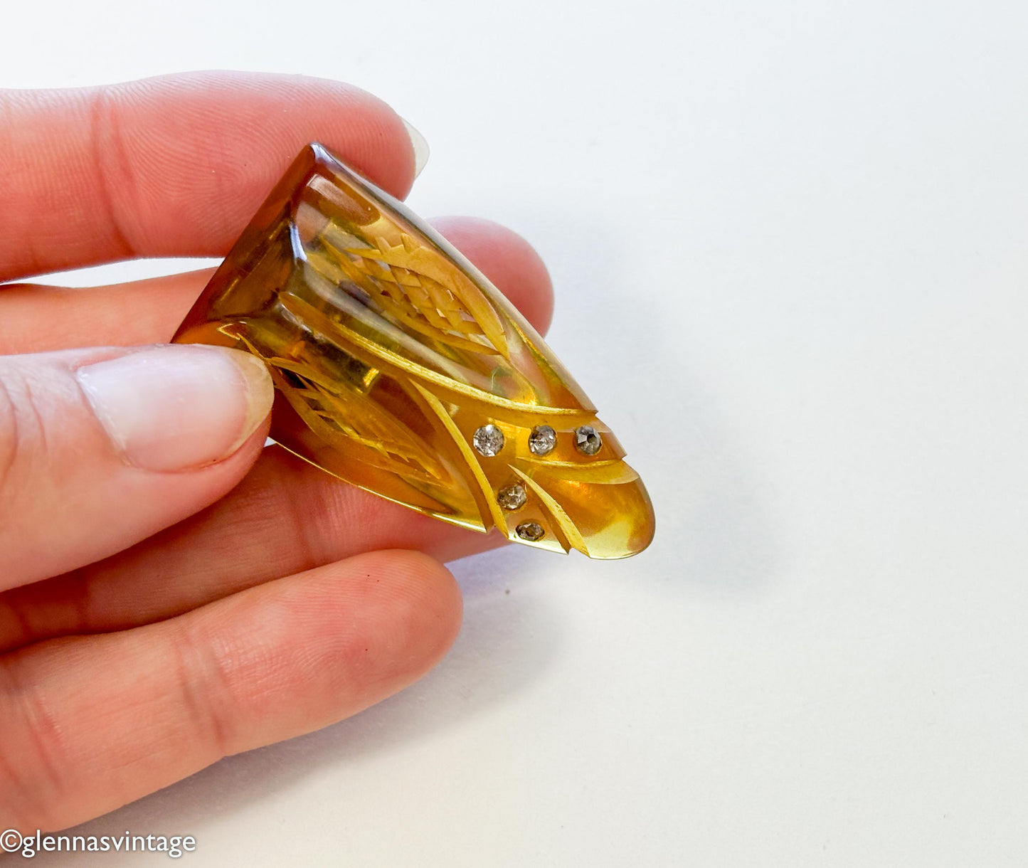 1920s Apple Juice Bakelite Dress Clip | Rhinestone Accent