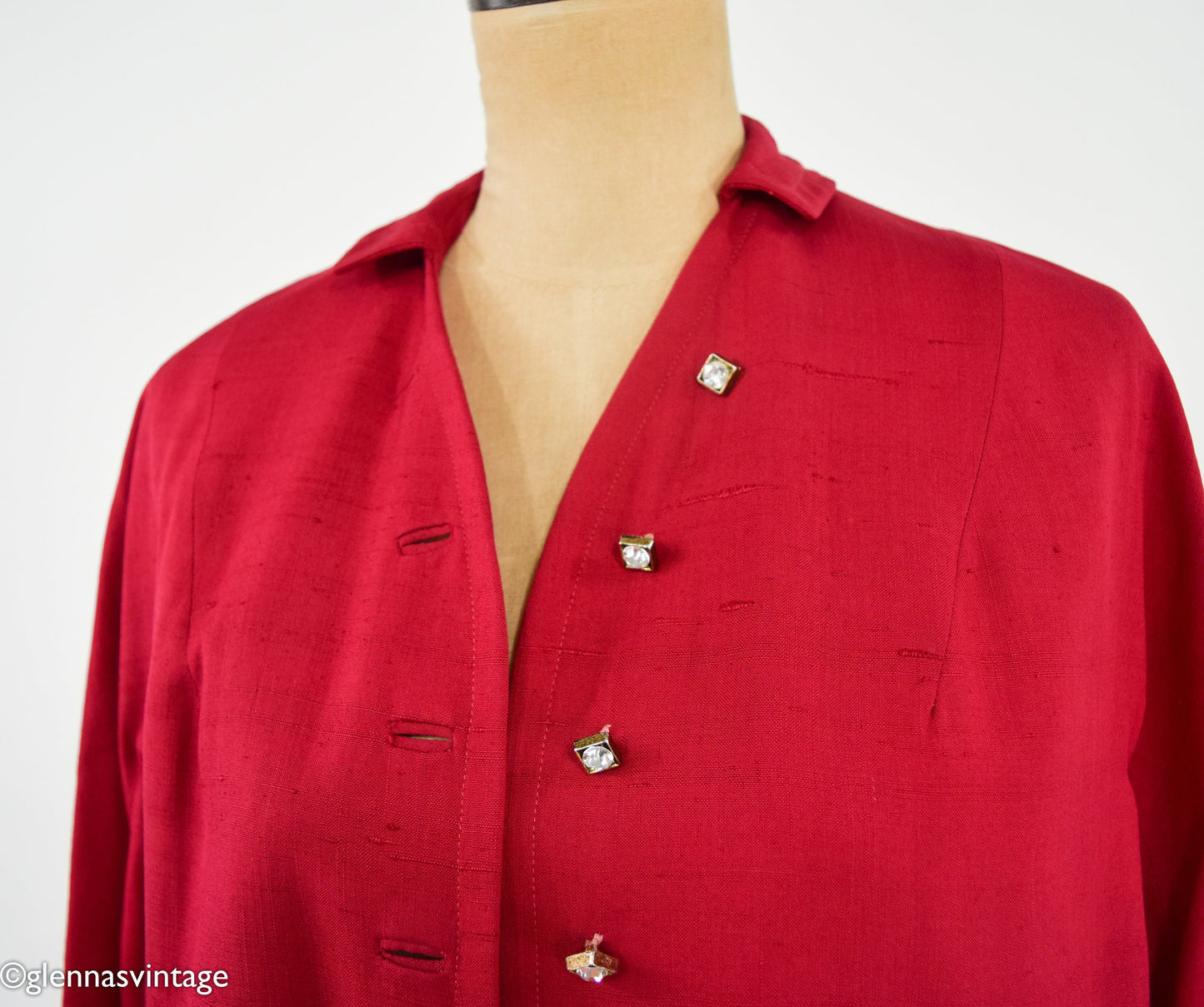 1950s Red Silk Evening Coat | 50s Red Raw Silk Evening Coat | Lou Johnson | Large