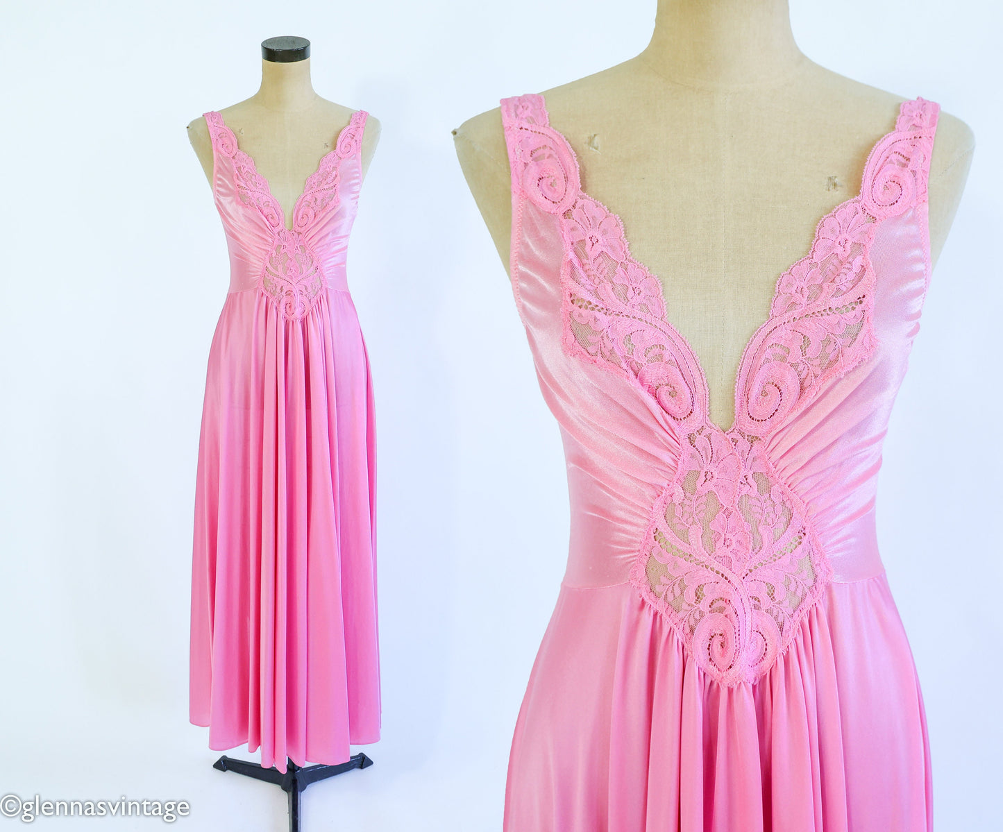 1970s Pink Nightgown Slip Dressing Gown | 70s Bright Pink Nightgown | Olga | Medium
