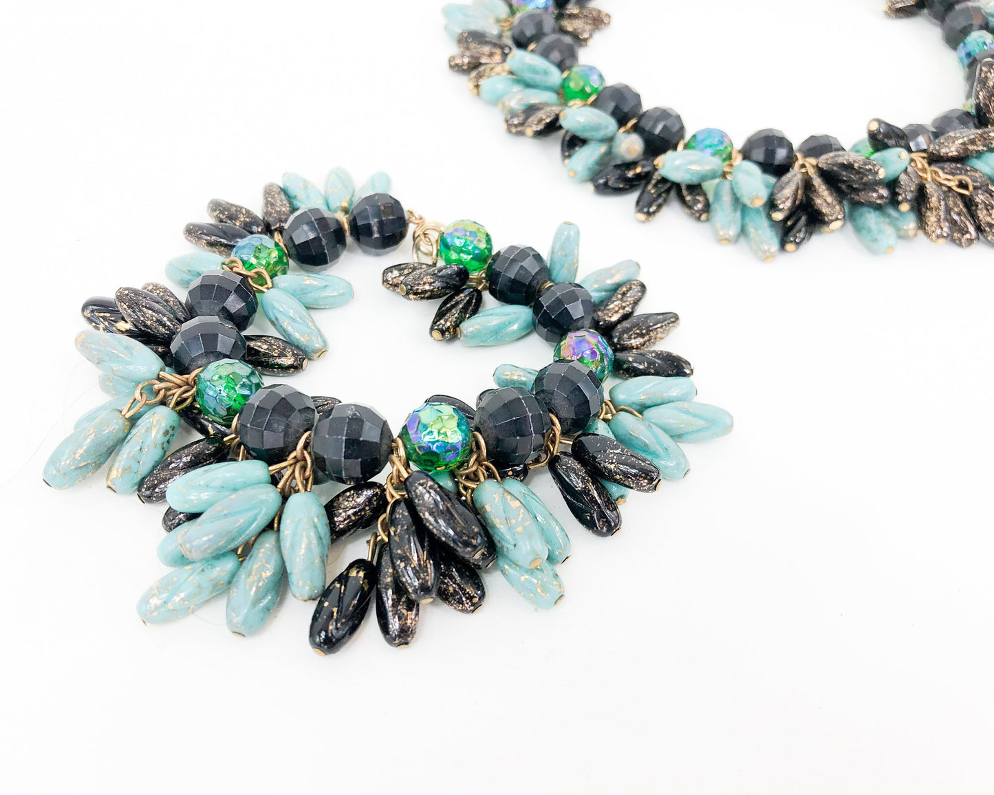 1960s Blue & Black Glass Necklace Set | 60s Turquoise Glass Fringe Bead Choker Set