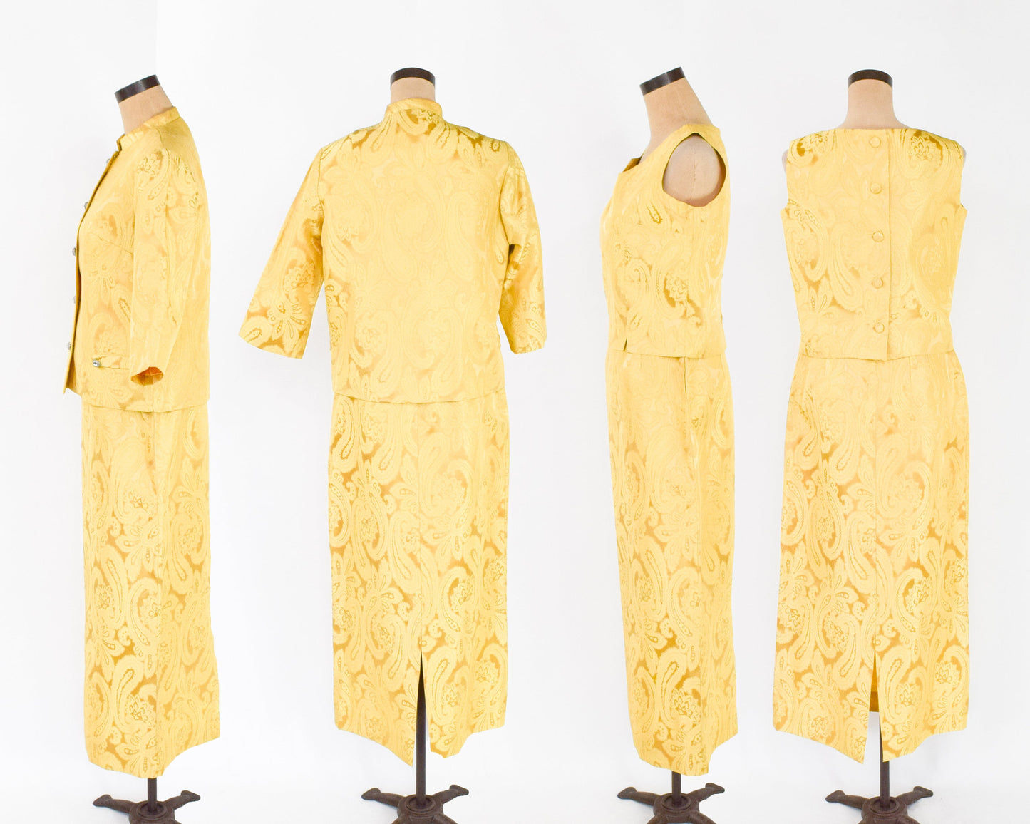 1960s Yellow Gold Brocade 4 Piece Skirt Suit, Medium