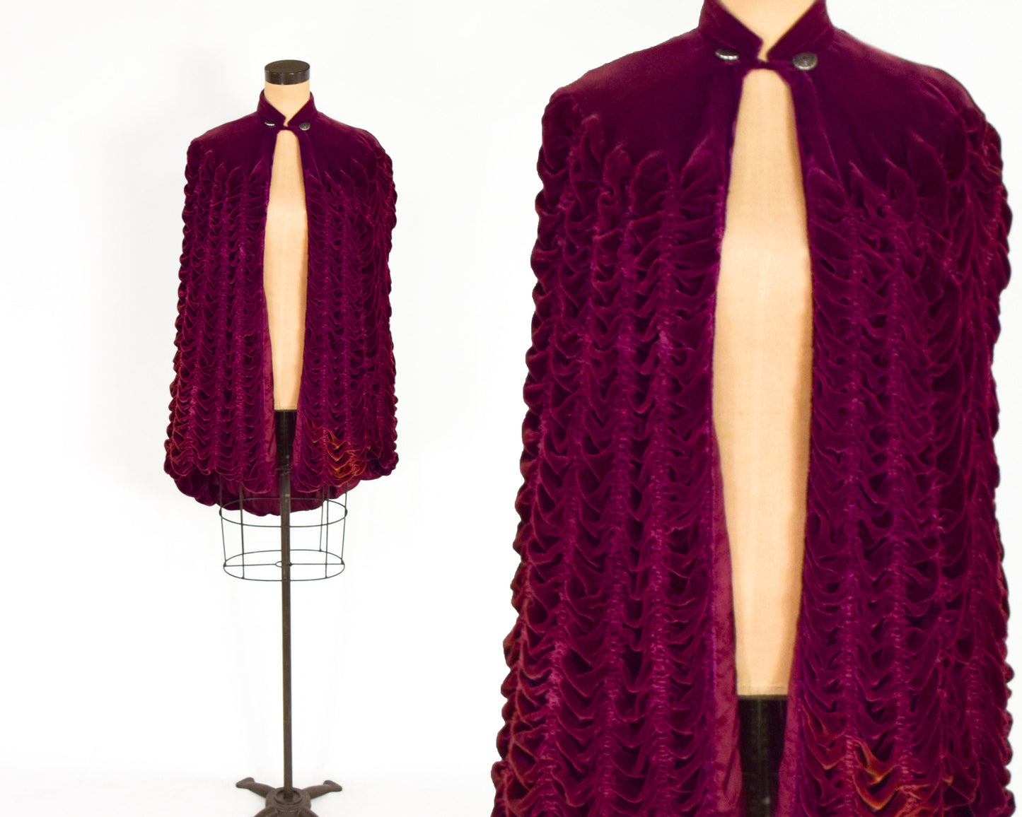 1900s Burgundy Silk Velvet Cape, One Size
