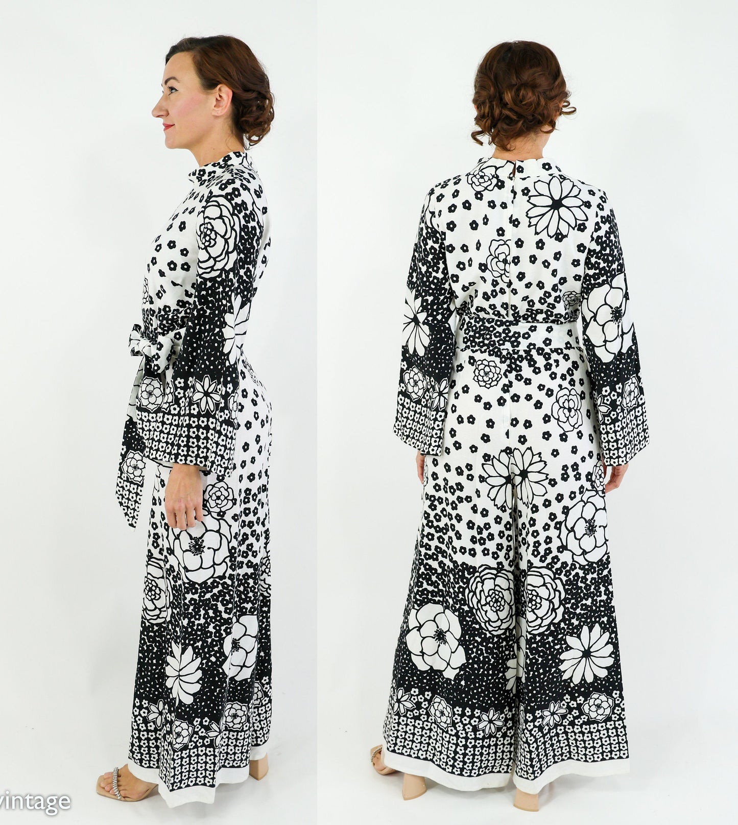 1970s Black & White Floral Print Jumpsuit with Wide Legs, Medium