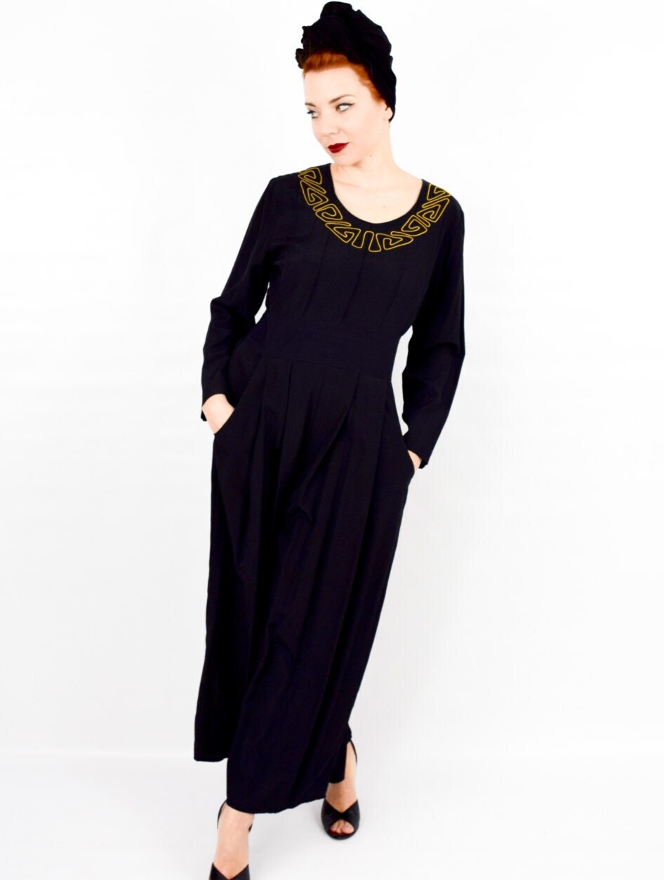 1990s Black Rayon Jumpsuit, Medium