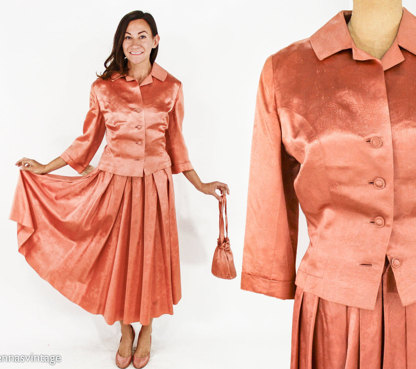 1940s Peach Satin Suit Set | 40s Orange Satin Wedding Skirt Suit Set | Medium