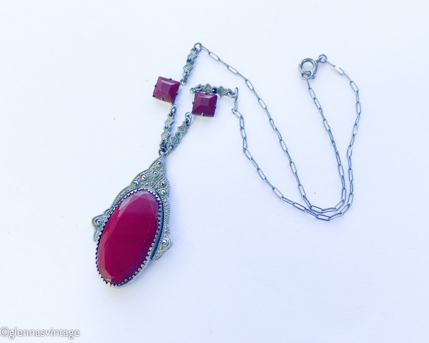 1920s Art Deco Red  Necklace | Red Faceted Glass Pendant