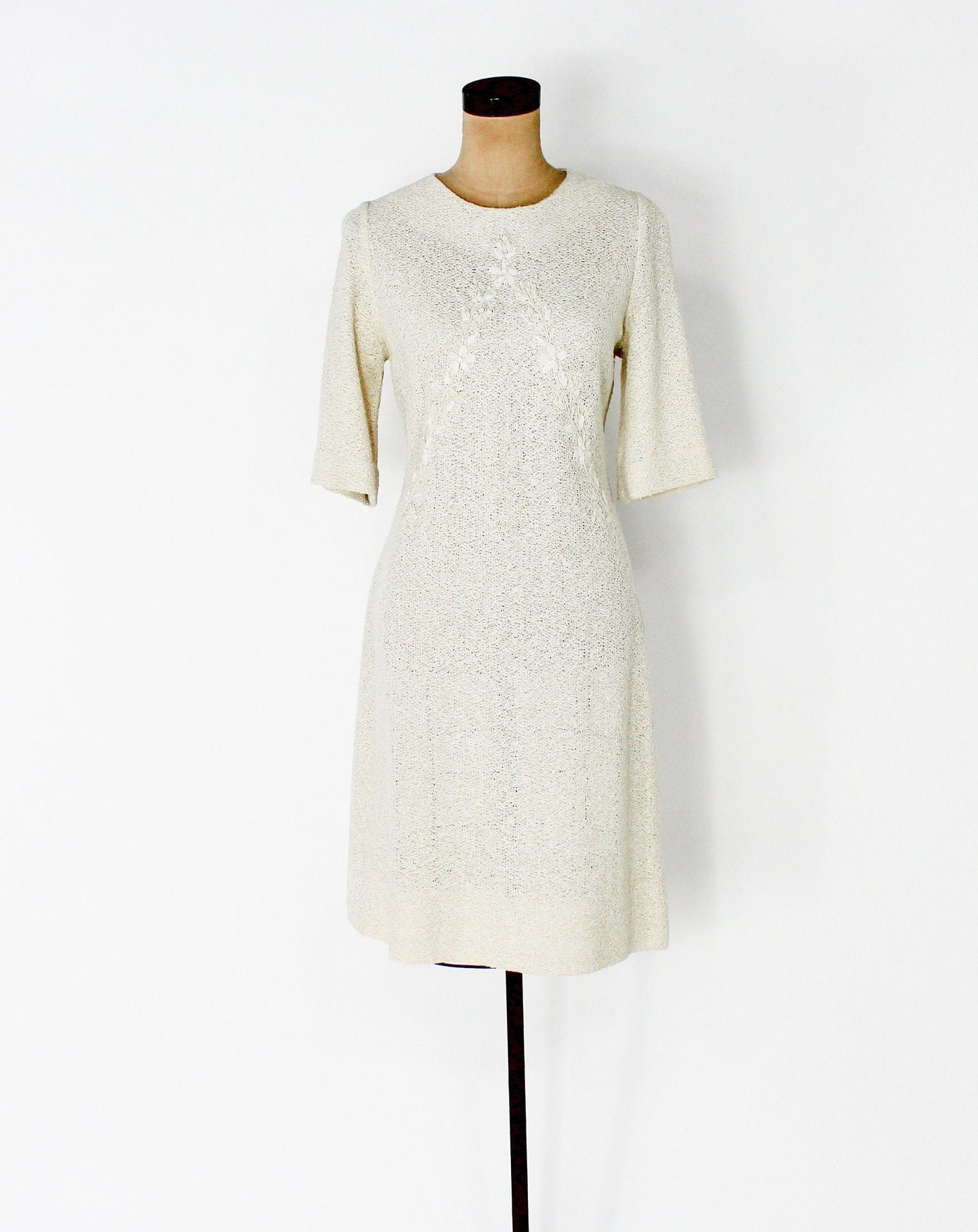 1960s Creme Knit Dress | Beige Nubby Knit Shift, Medium
