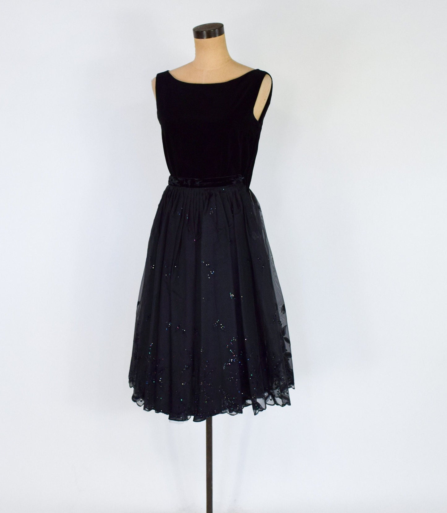 1950s Black Glitter Evening Skirt Set | 50s Black Organza Full Skirt & Velvet Top | Small