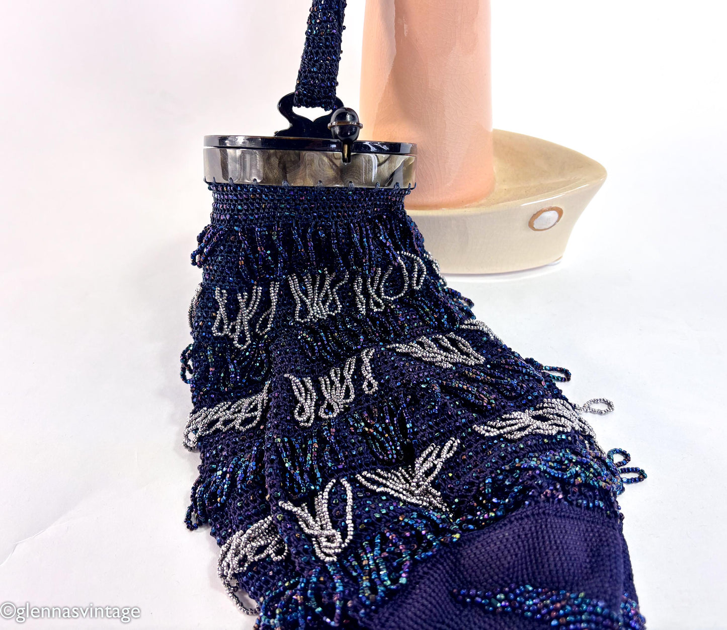 1900s Navy Beaded Pouch Evening Bag with Lucite Lid