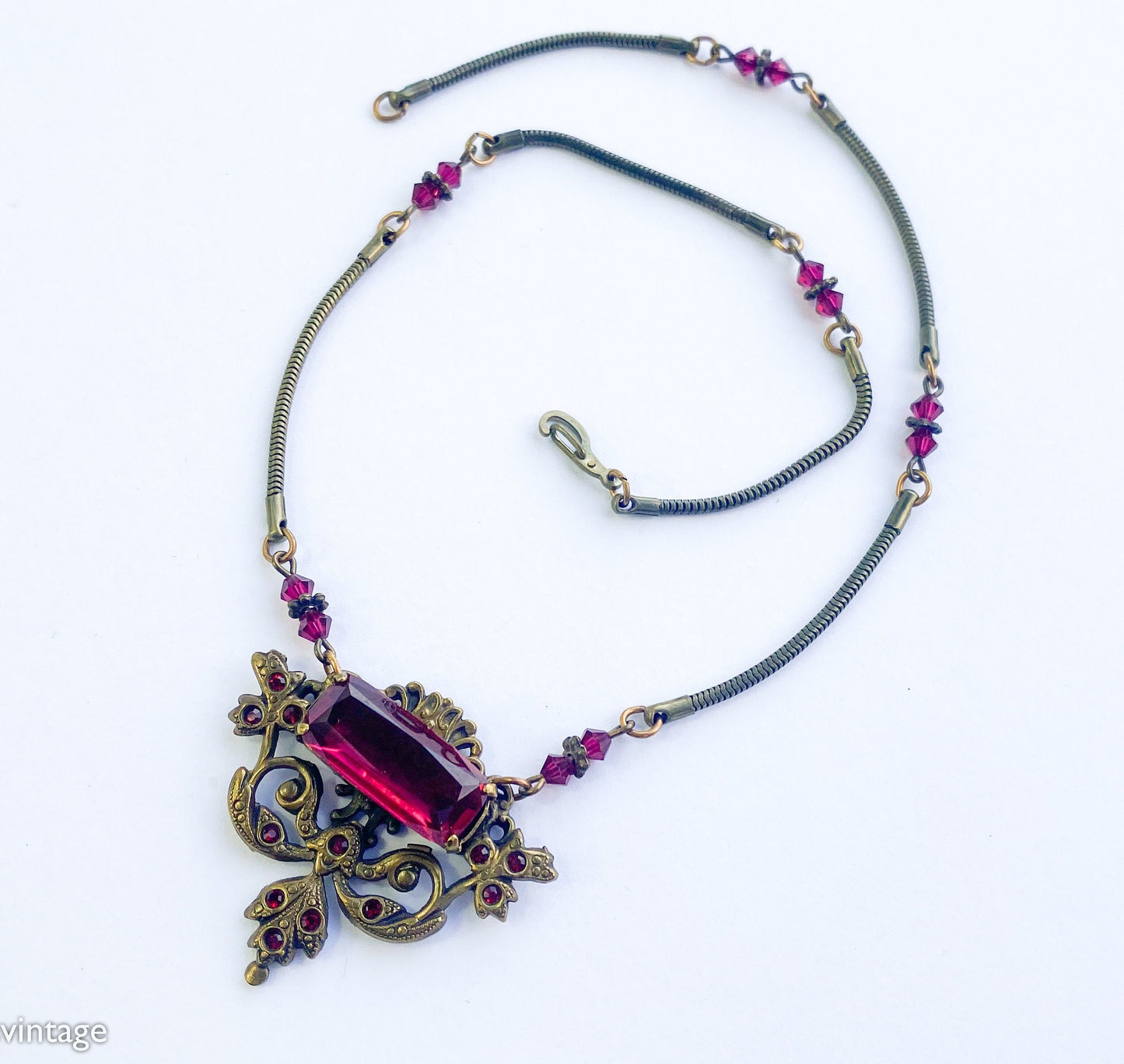 1940s Red Glass Pendant Necklace | Bronze Coil Chain