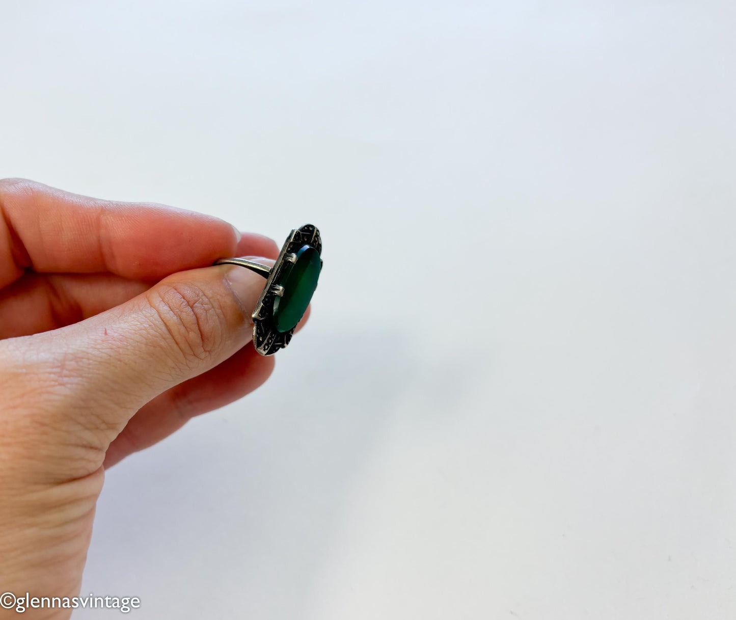 1930s Art Deco Green Onyx Sterling Silver Marcasite Ring, Size 5 3/4
