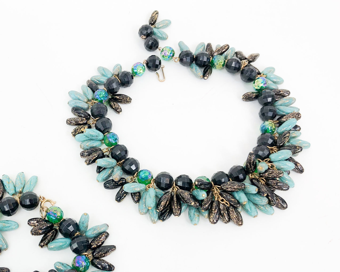 1960s Blue & Black Glass Necklace Set | 60s Turquoise Glass Fringe Bead Choker Set