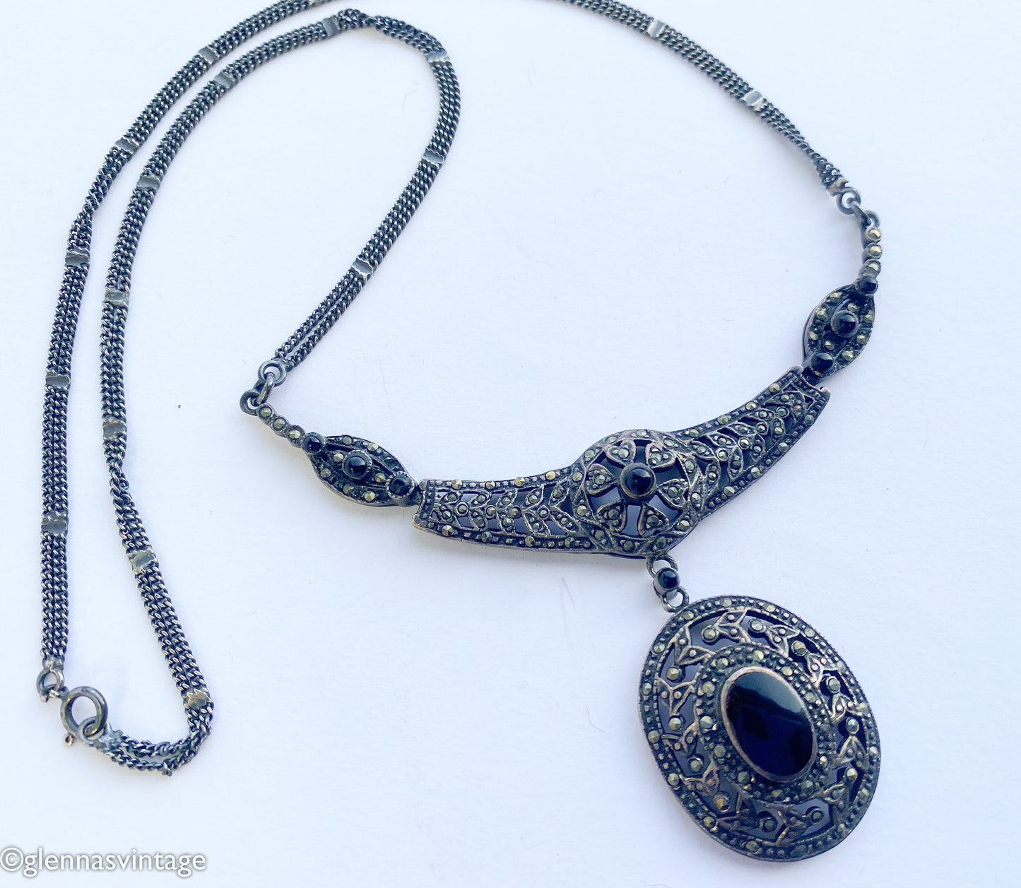 1940s Marcasite & Silver Pendant Necklace | 40 Silver Marcasite Necklace