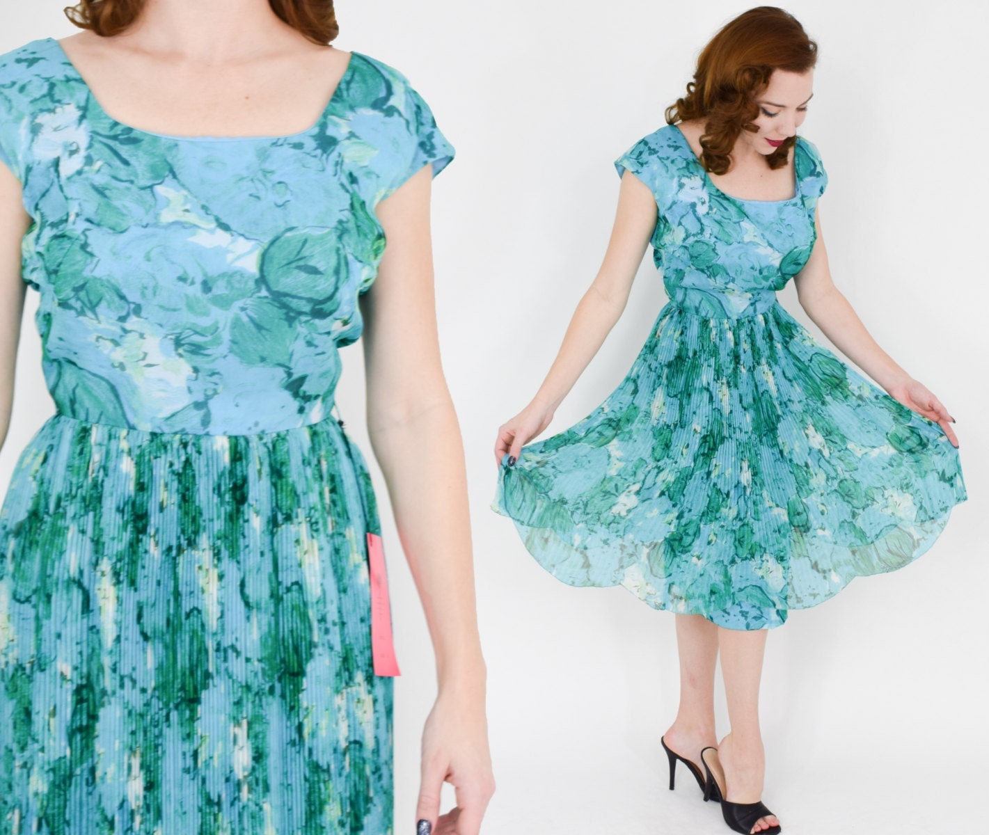 1950s Turquoise Blue Silk Dress, Medium
