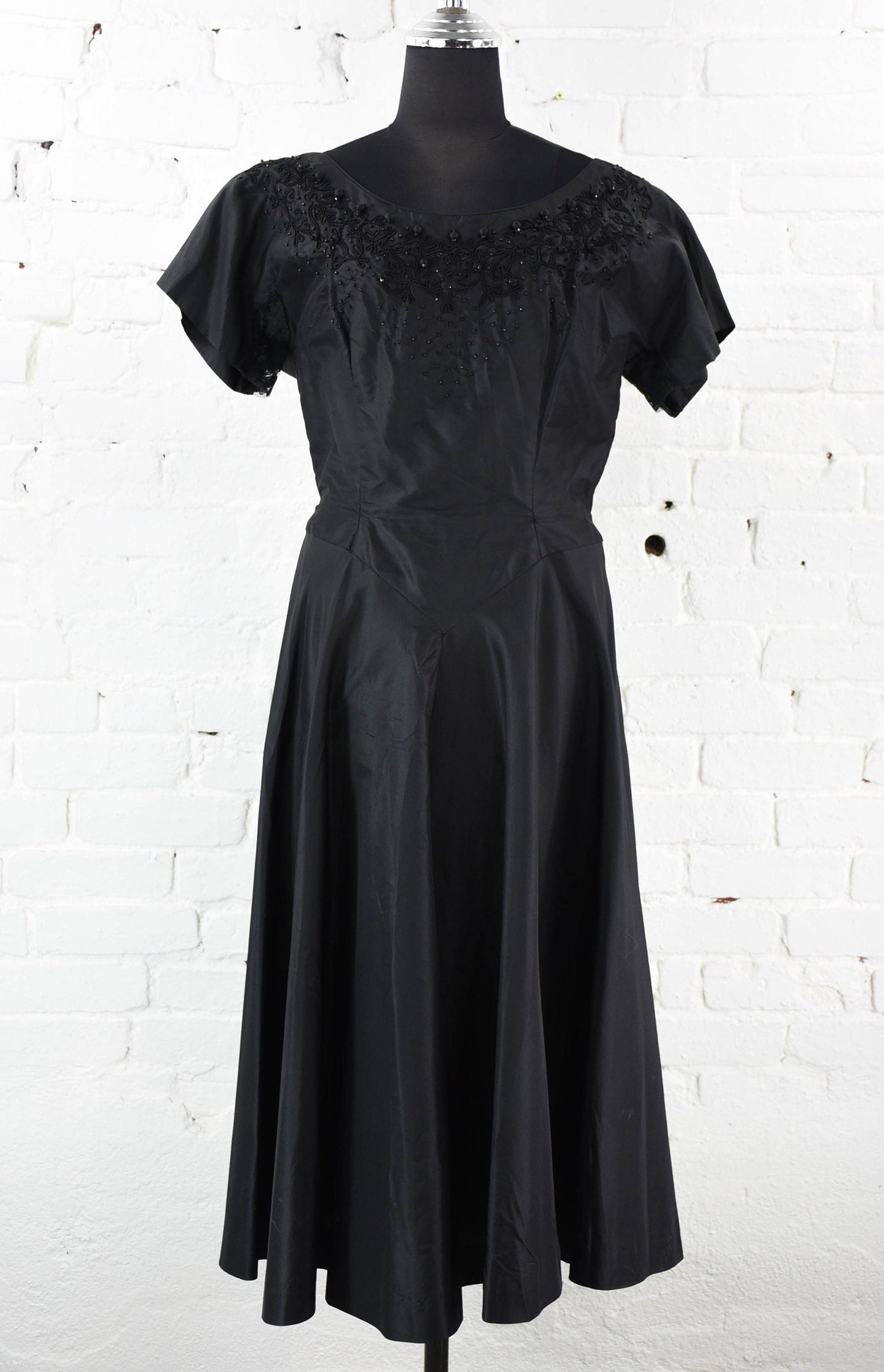 1950s Black Party Dress with Beaded Detail, Medium