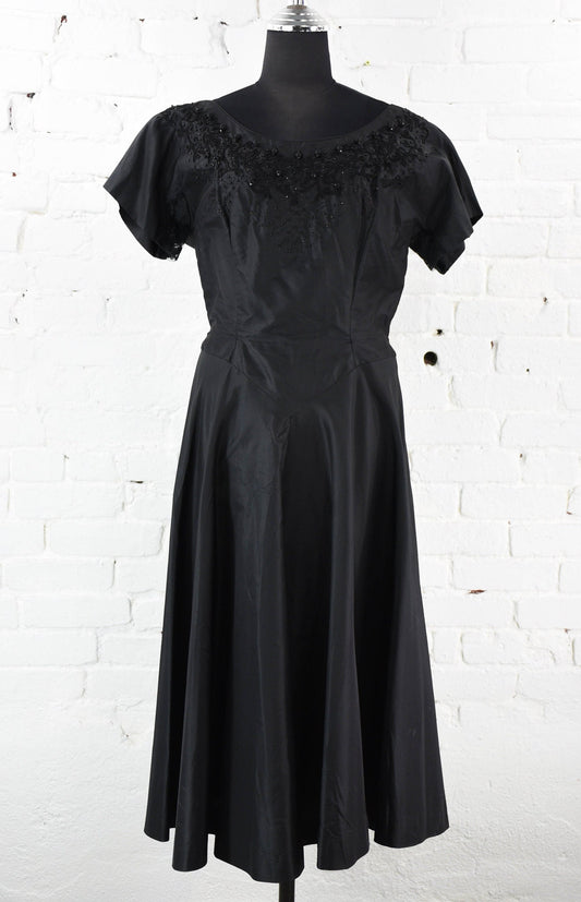 1950s Black Party Dress with Beaded Detail, Medium