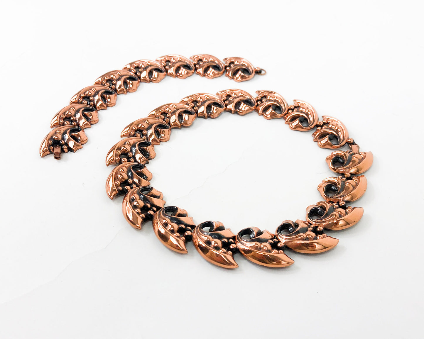 1950s Copper Leaf Necklace Set | 50s Copper Choker & Bracelet