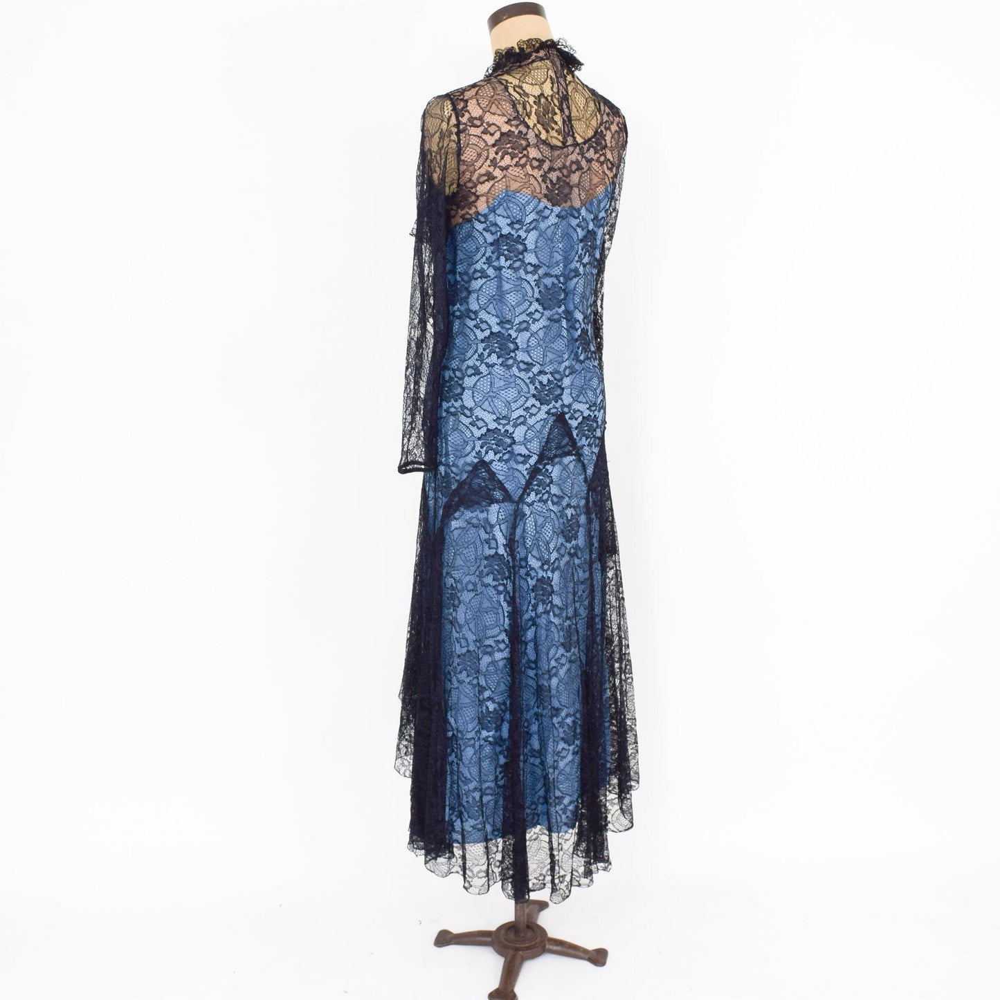 1930s Blue Black Lace Evening Dress, Small