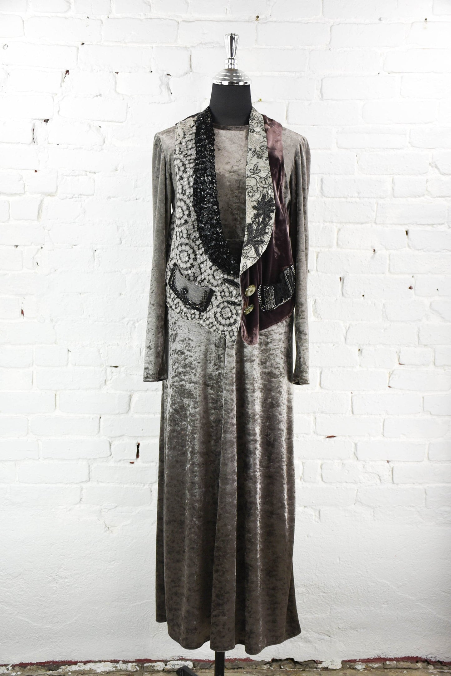 1980s Velvet Maxi Dress & Handmade Vest Set | BoHo, Medium