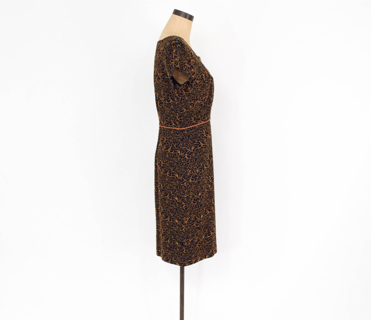 1940s Black & Brown Embroidered Cotton Dress, Large