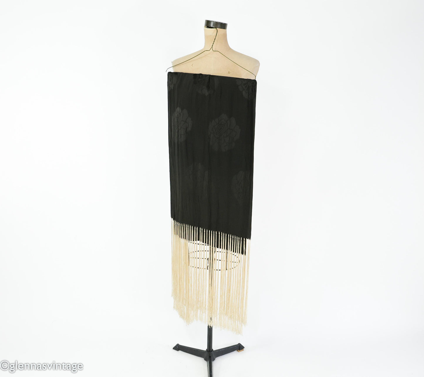 1920s Black Silk Scarf with Long Creme Fringe