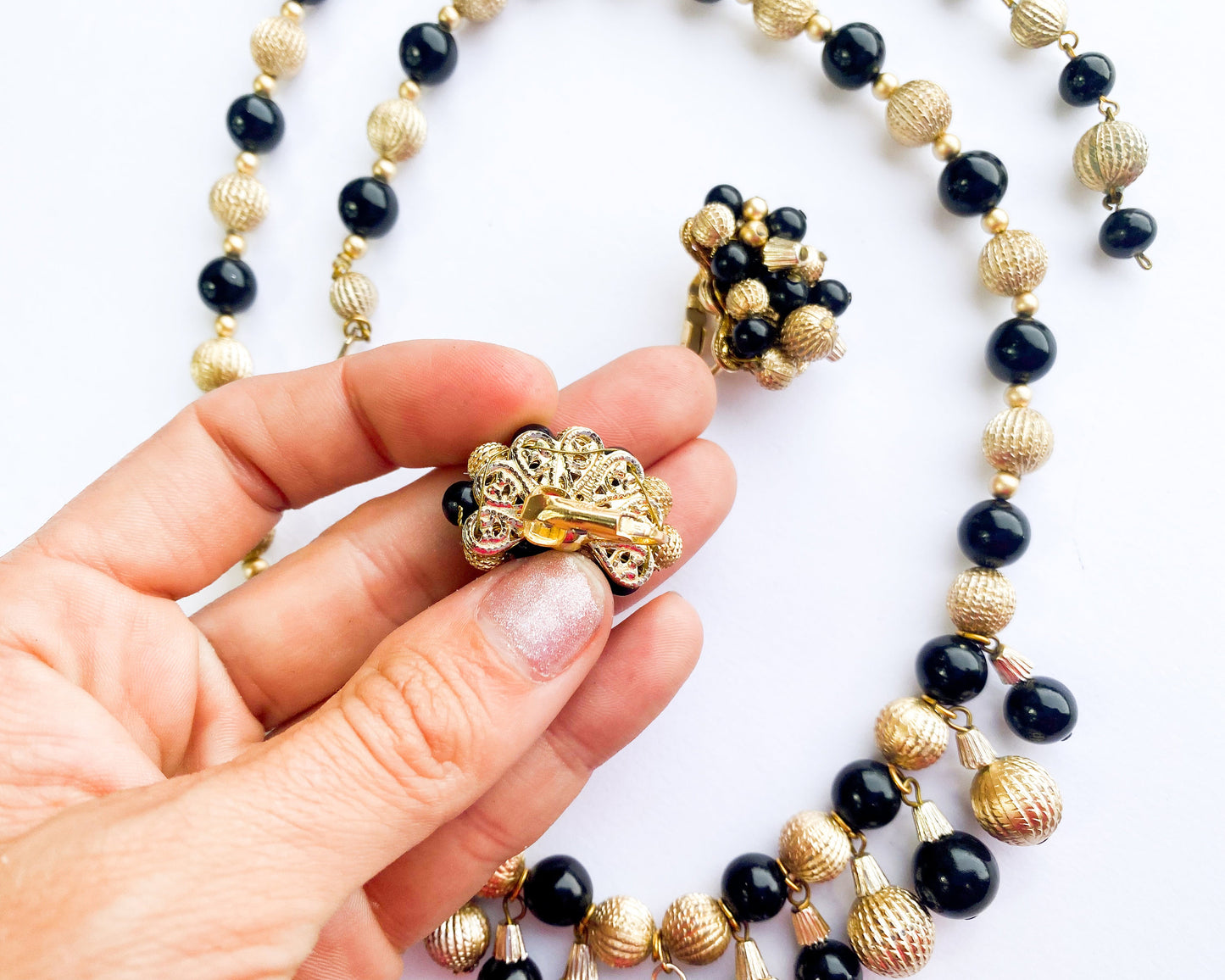 1960s Black & Gold Ball Necklace and Earrings Set