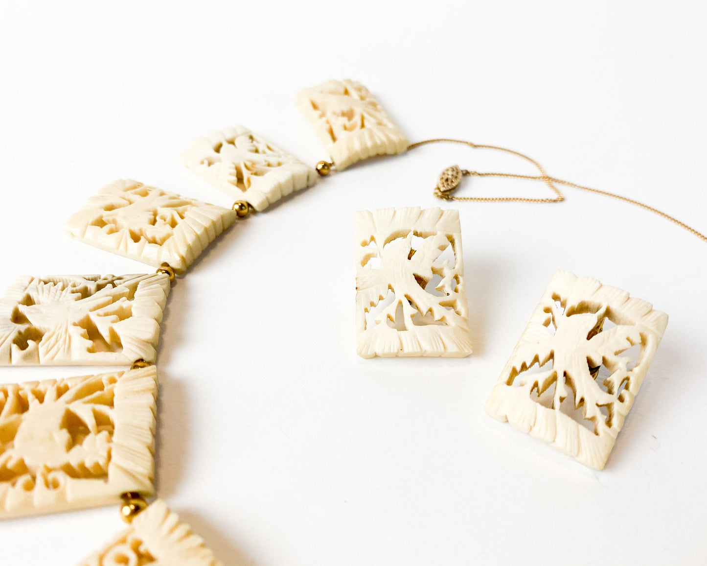 1950s Carved Bone Bird Necklace and Earrings Set