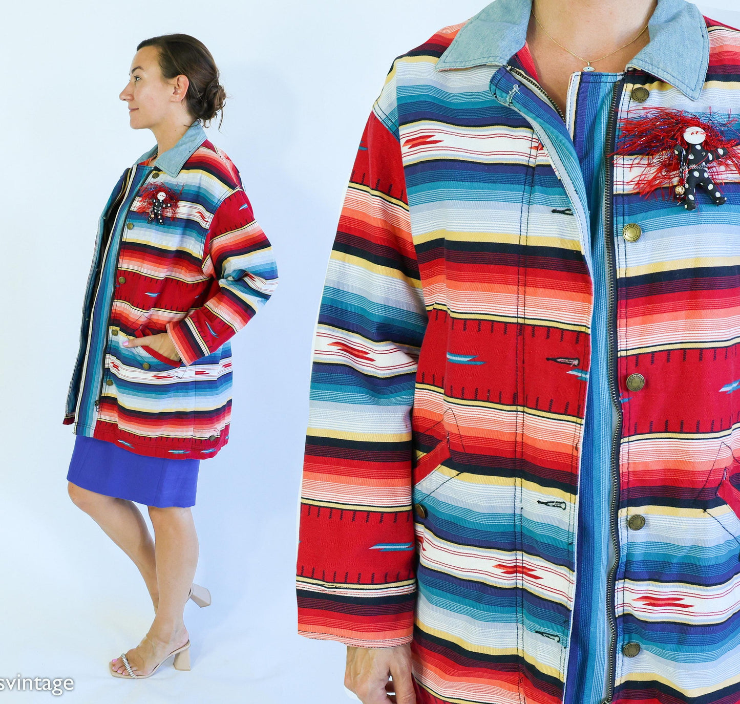 1980s Red Blue Striped Coat| 80s Western Jacket | Woolrich | Large