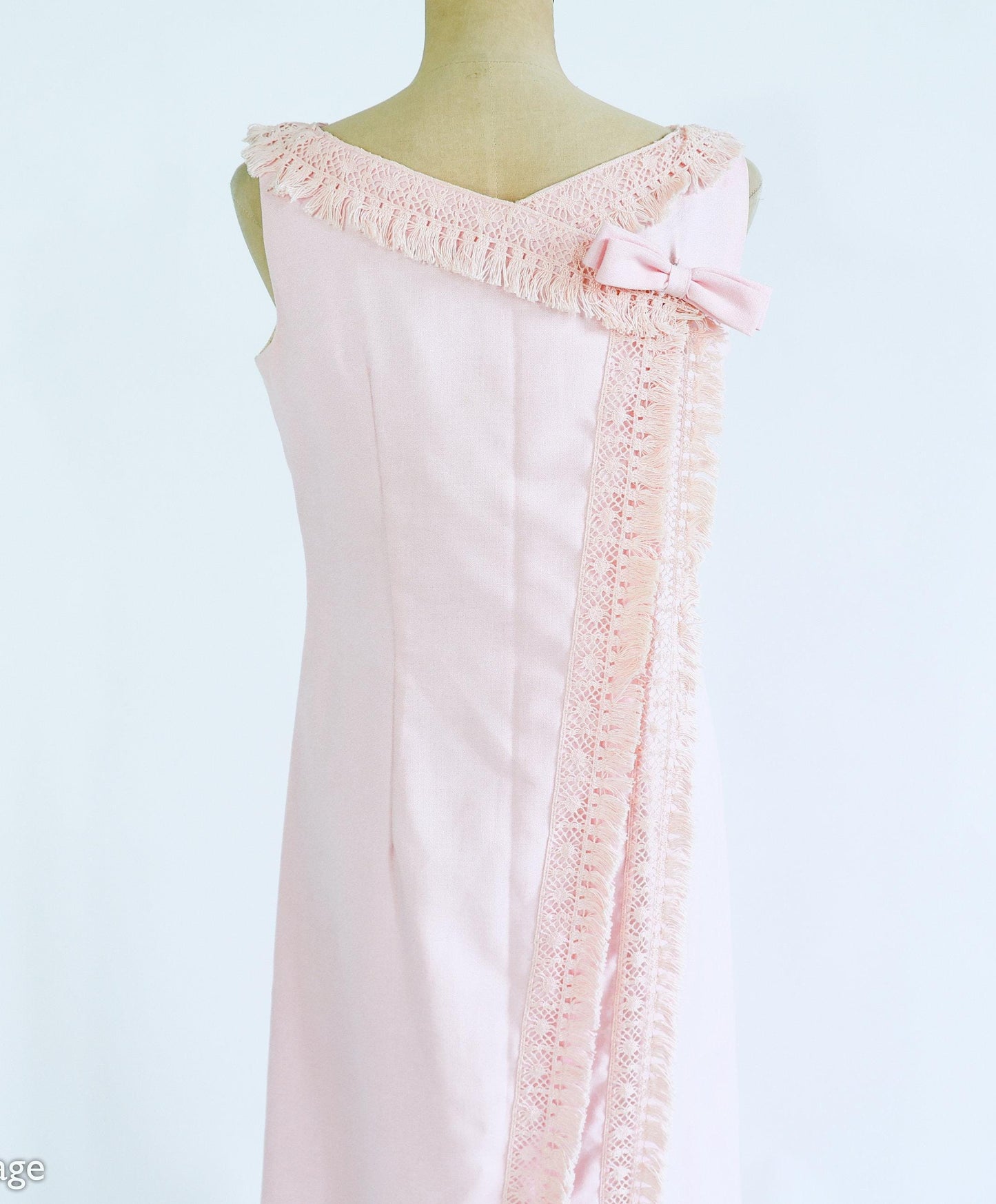 1960s Pink Fringe Column Dress | 60s Pale Pink Cotton Maxi Dress | Emma Domb | Medium