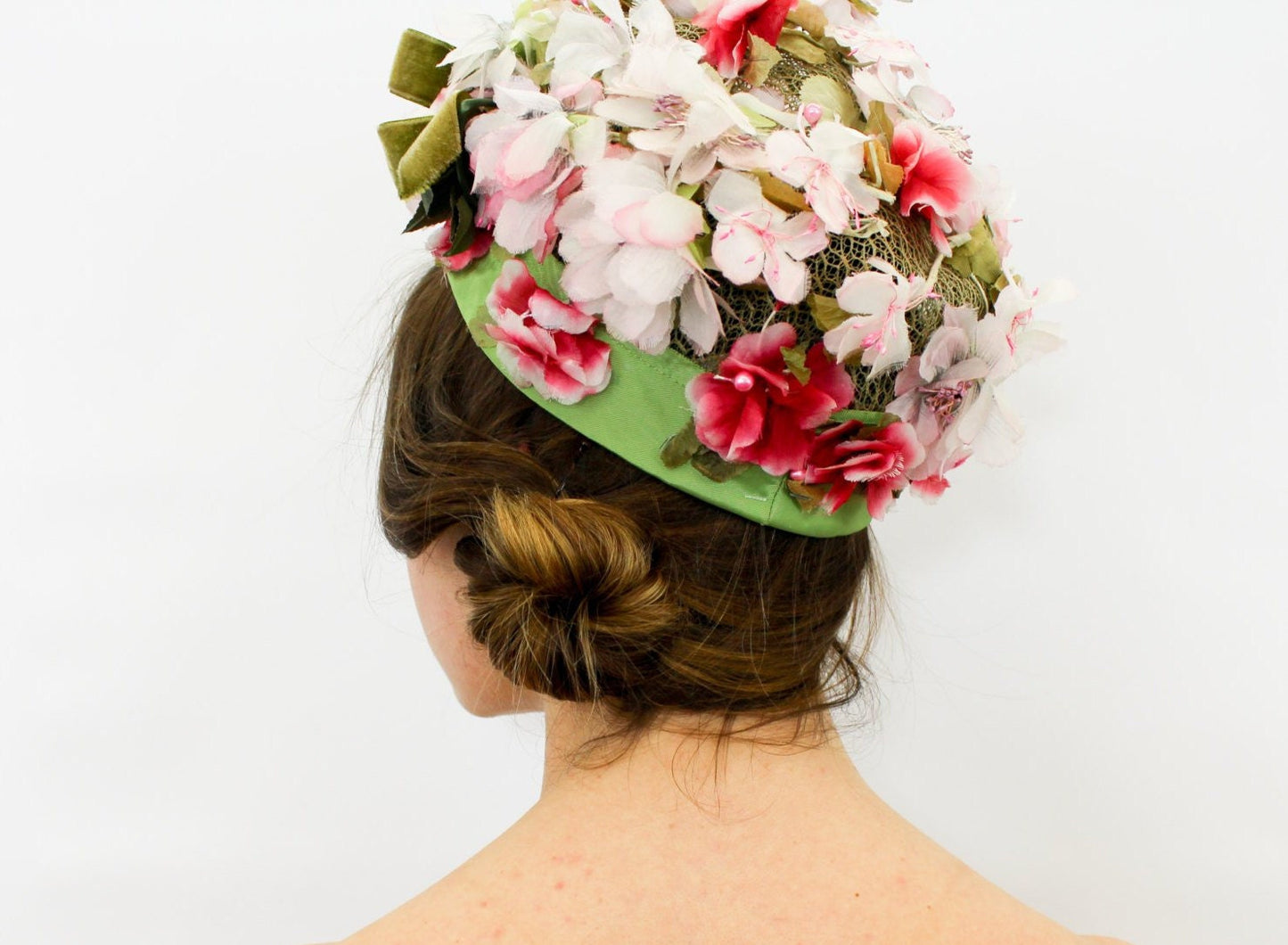 1960s Pink & Green Silk Flower Hat